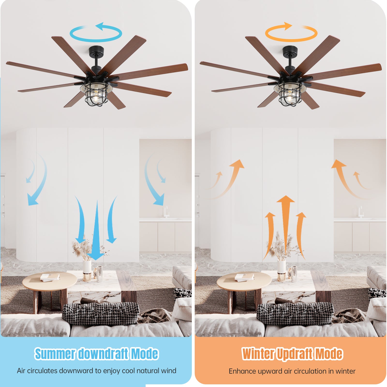 Modern 66 Inch Ceiling Fan With 6 Speed Wind 8 Blades Remote Control Reversible Dc Motor With Light Black Plywood