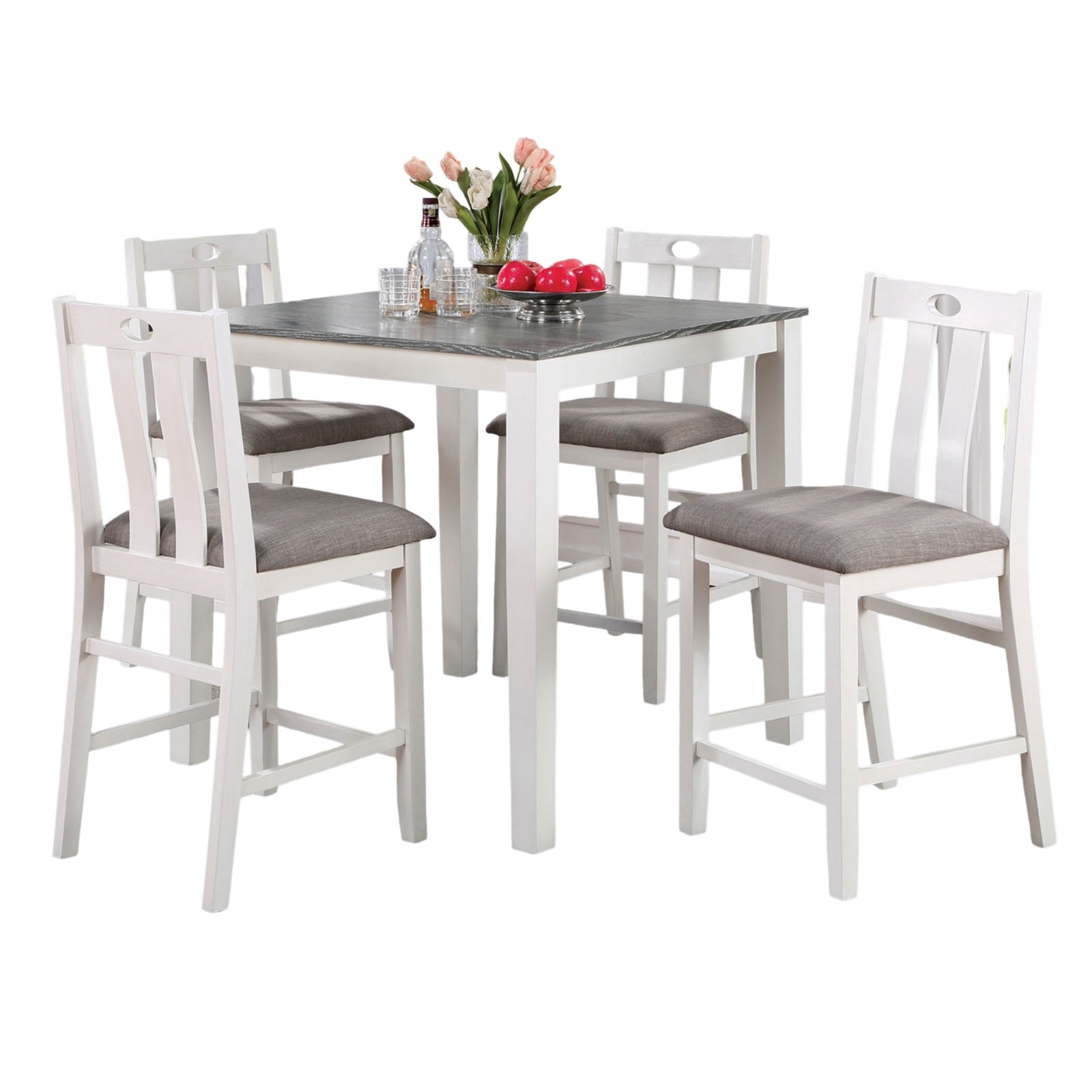 White Solid Wood 5Pc Counter Height Dining Set Table 4X Chairs Gray Linen Like Fabric Cushions Seats Chairs Dining Room Wood Dining Room Solid Wood Square Dining Table With Chair Wood Wood White Gray Slat Back Seats 4 36 Inches