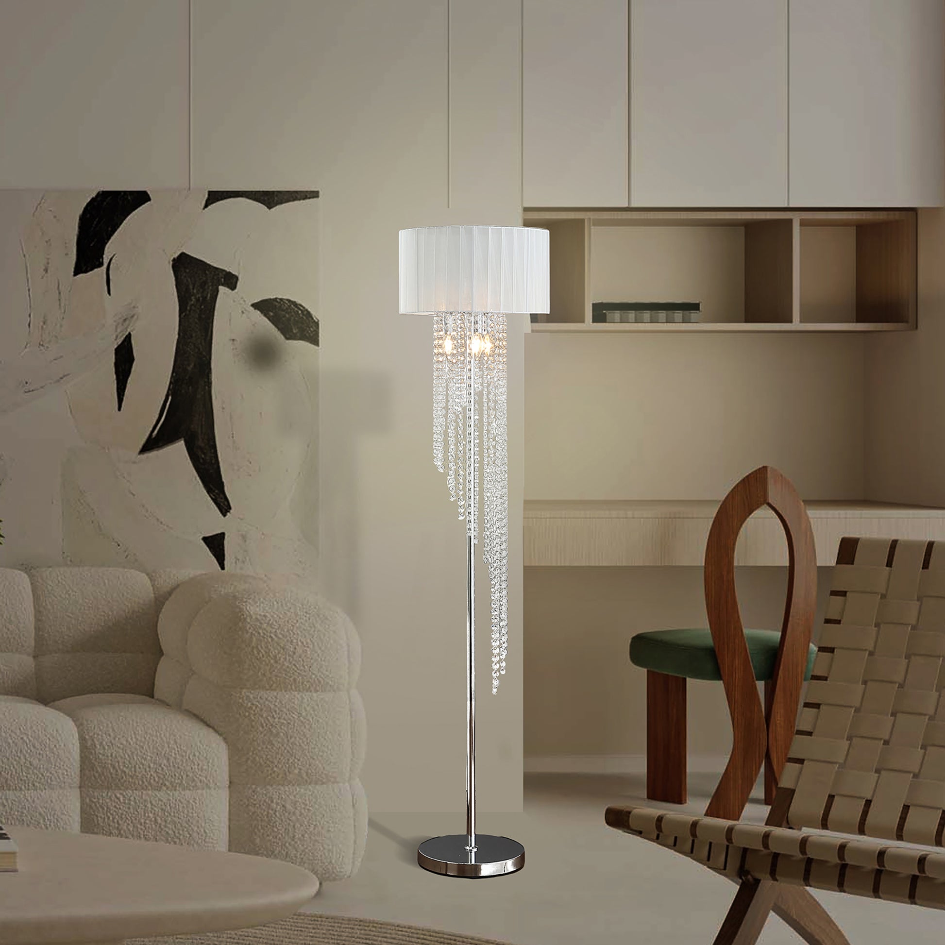 65.75"H Sheer White Drum Shade Rain Crystal Chrome Metal Floor Lamp For Living Room, Standing Lamp For Bedroom Silver White Metal