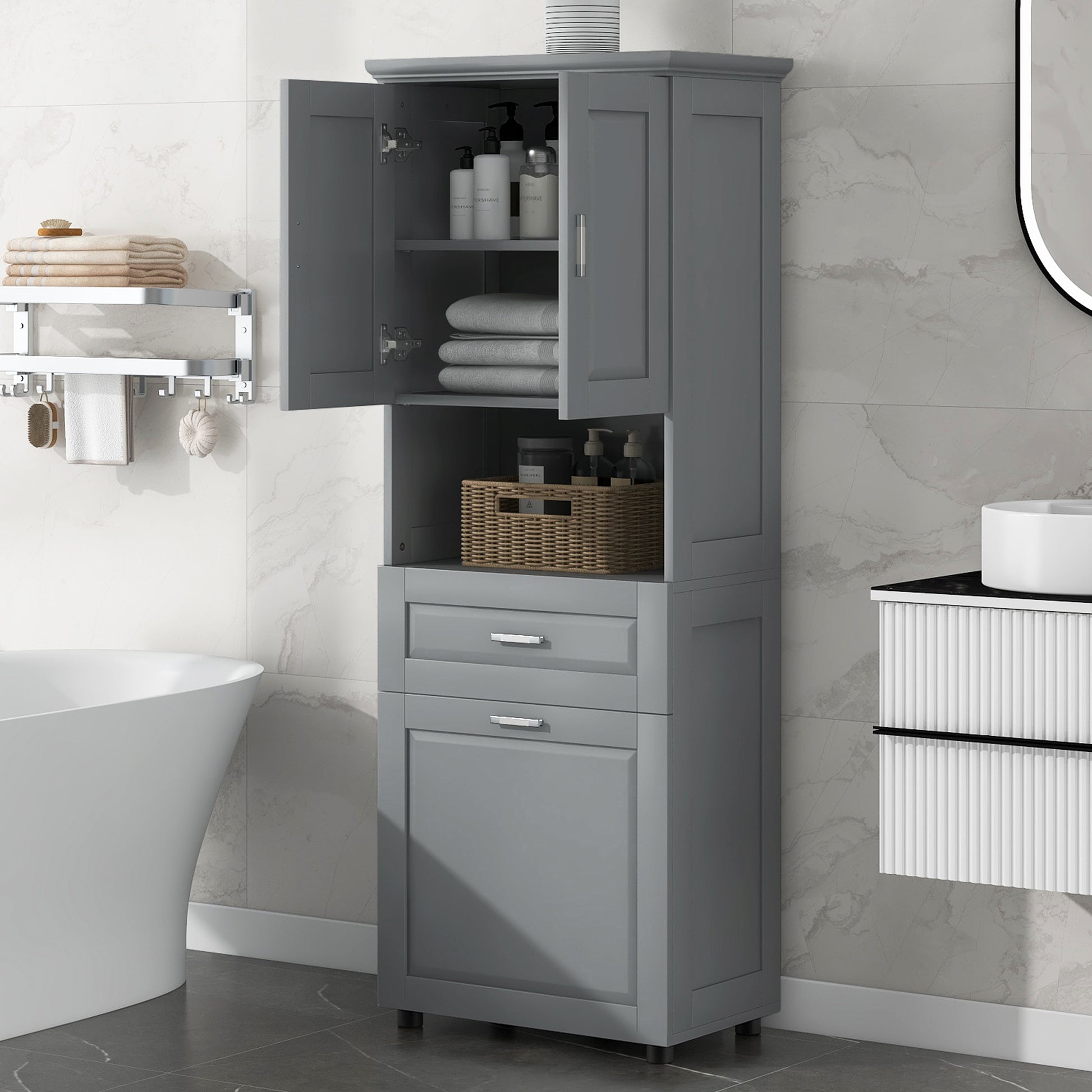 Tall Bathroom Cabinet With Laundry Basket, Large Storage Space Tilt Out Laundry Hamper And Upper Storage Cabinet, Grey Grey Mdf