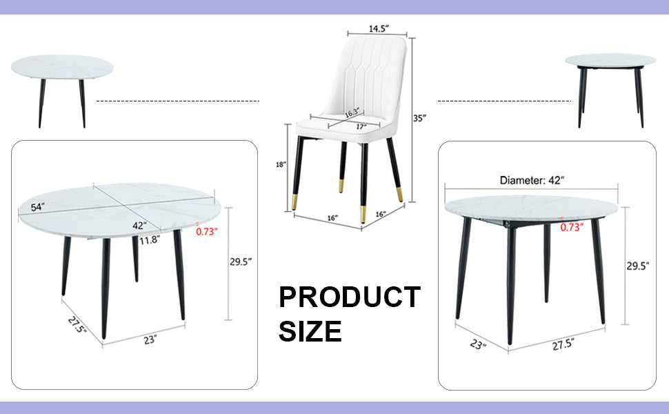 Table And Chair Set.Modern Extendable Mdf Dining Table.The Table Has A Telescopic Design, Suitable For Gatherings Of Different Size.Paired With 6 Chairs With Pu Cushions And Black Metal Legs. White Black Seats 6 Mdf Metal