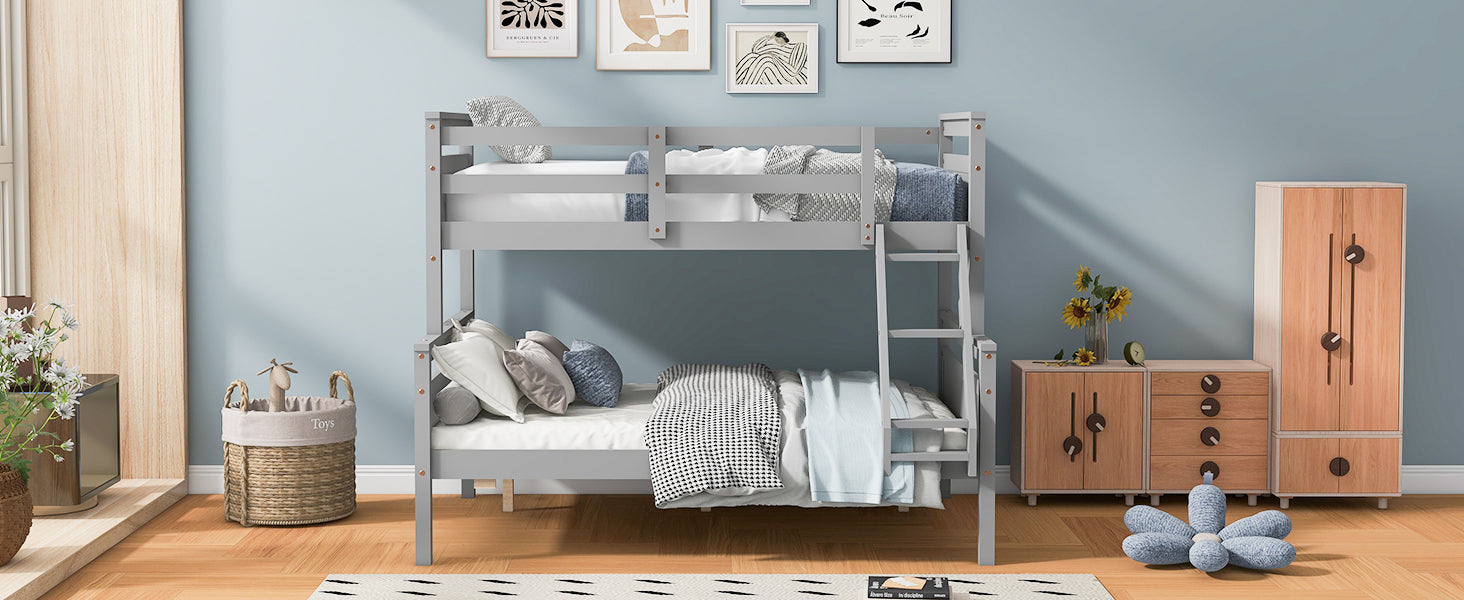 Twin Over Full Bunk Bed With Ladder, Safety Guardrail, Perfect For Bedroom, Gray Box Spring Not Required Twin Gray Wood Bedroom Bunk Pine