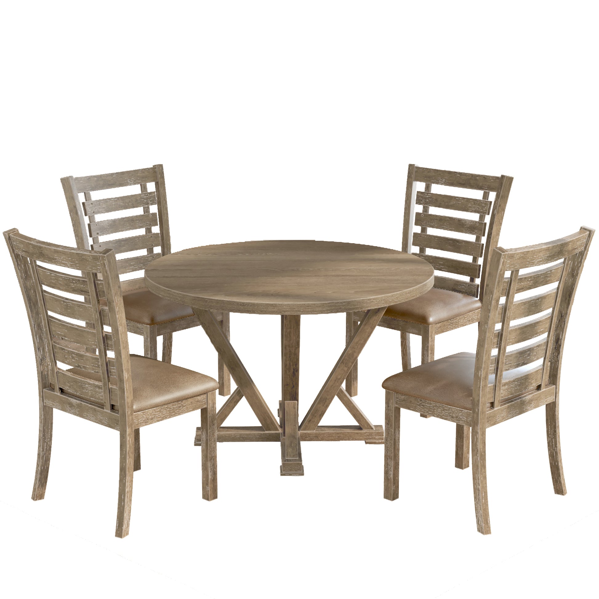5Pcs Table Set Round Dining Table Solid Wood Modern Farmhouse Rustic Look Distressed Look Wood Grayish Brown Ladder Back Seats 4 Light Brown Dining Room Fixed Table American Design,Farmhouse,French Country,Rustic,Vintage Rubberwood Round Round Dining