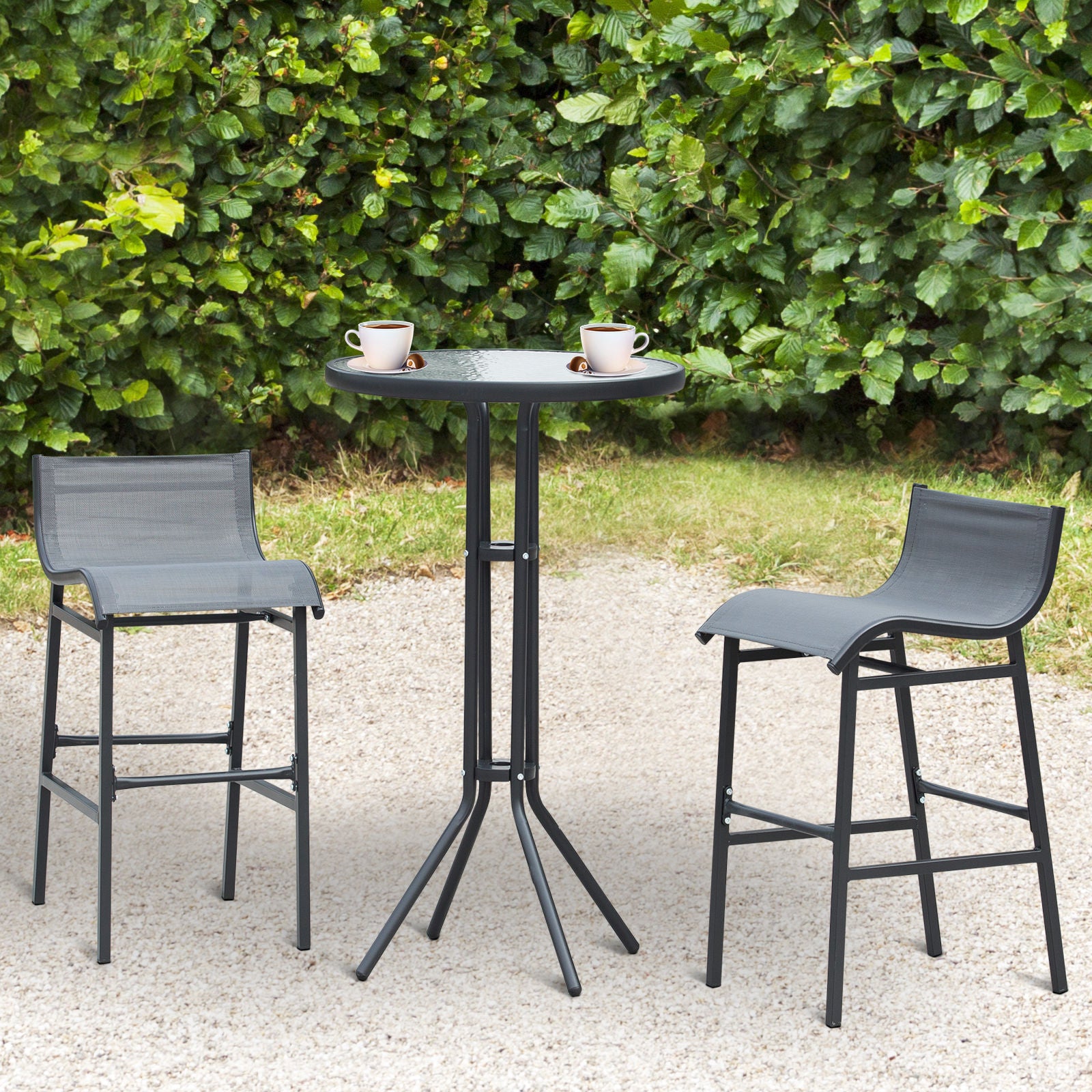 Outsunny 3 Piece Bar Height Outdoor Bistro Set For 2, Round Patio Pub Table 2 Bar Chairs With Comfortable Design & Strong Build, Charcoal Gray Charcoal Grey Metal