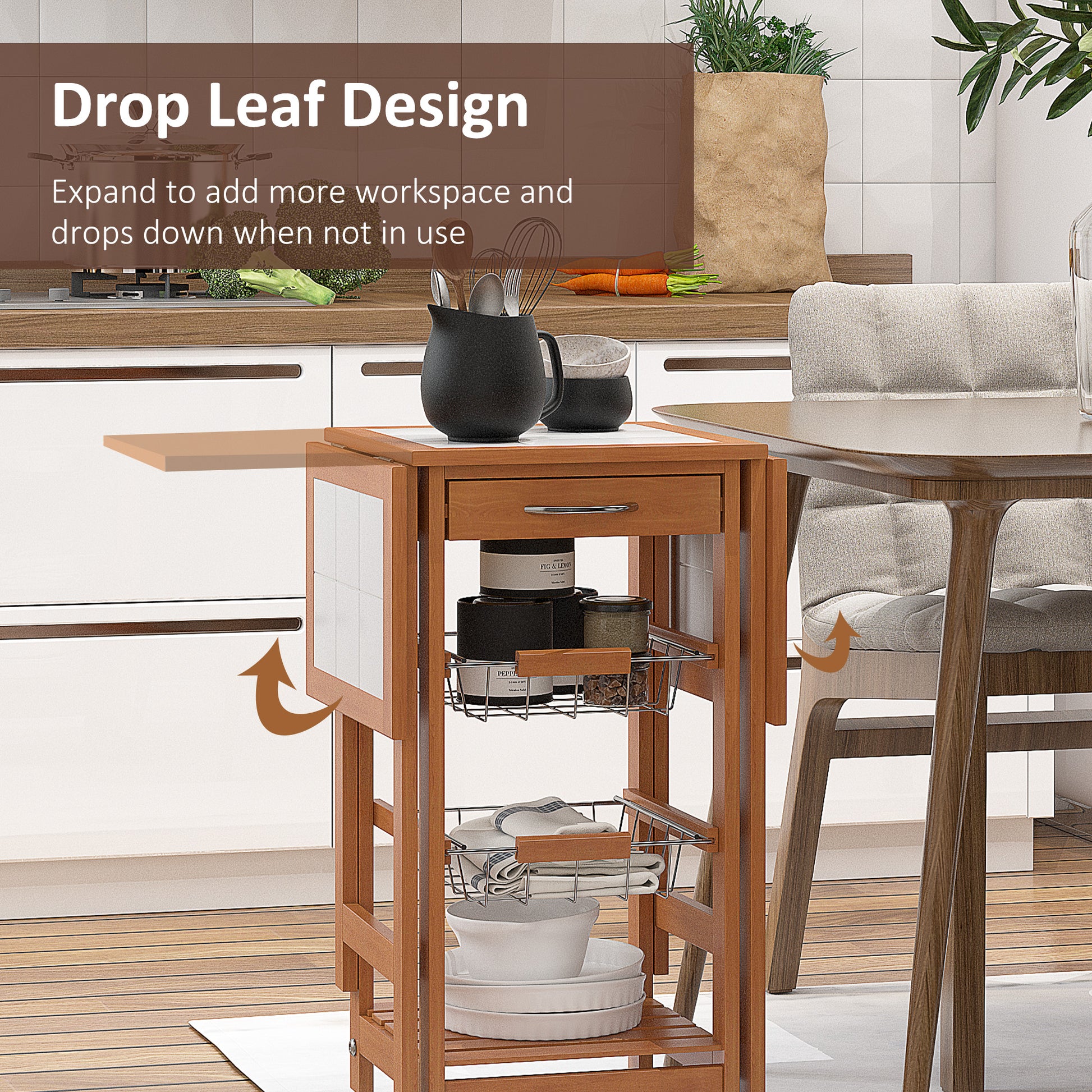 Homcom 37" Modern Wooden Kitchen Island With Drop Leaf, Rolling Cart With Basket Storage Honey Iron