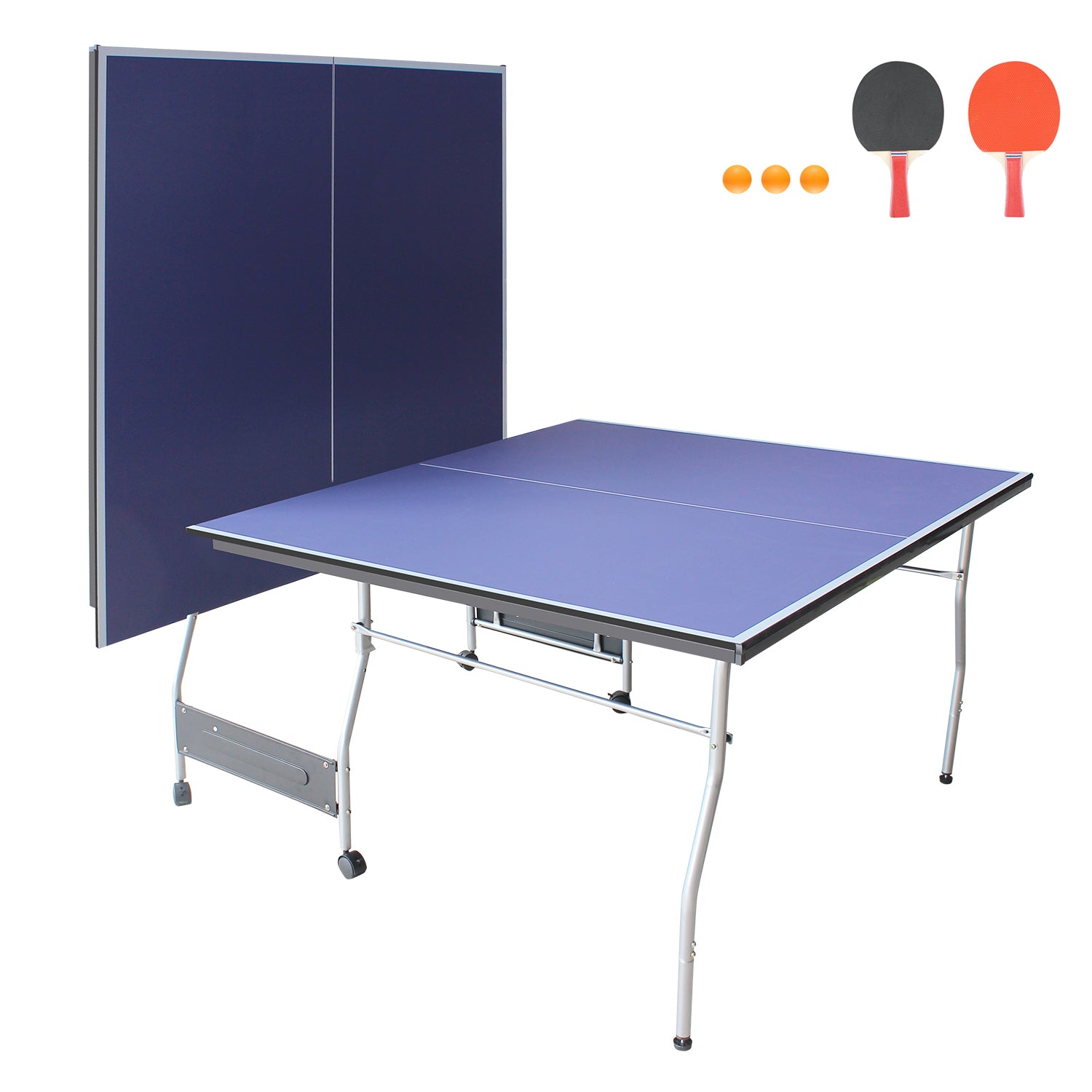 8Ft Mid Size Table Tennis Table Foldable & Portable Ping Pong Table Set For Indoor & Outdoor Games With Net, 2 Table Tennis Paddles And 3 Balls Blue Mdf