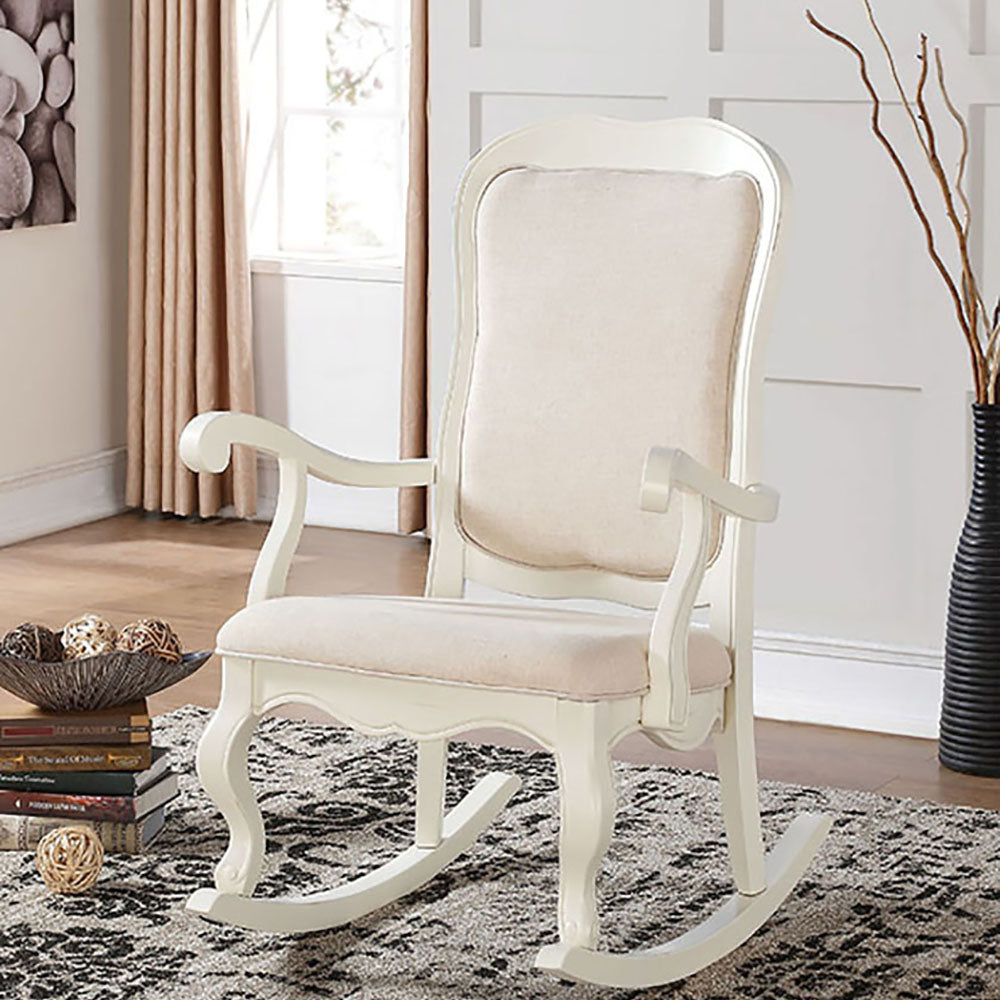 Ivory And Antique White Rocking Chair With Cabriole Leg Solid Ivory Primary Living Space Foam Traditional Rocking Chairs Rubberwood Solid Back Wood Fabric