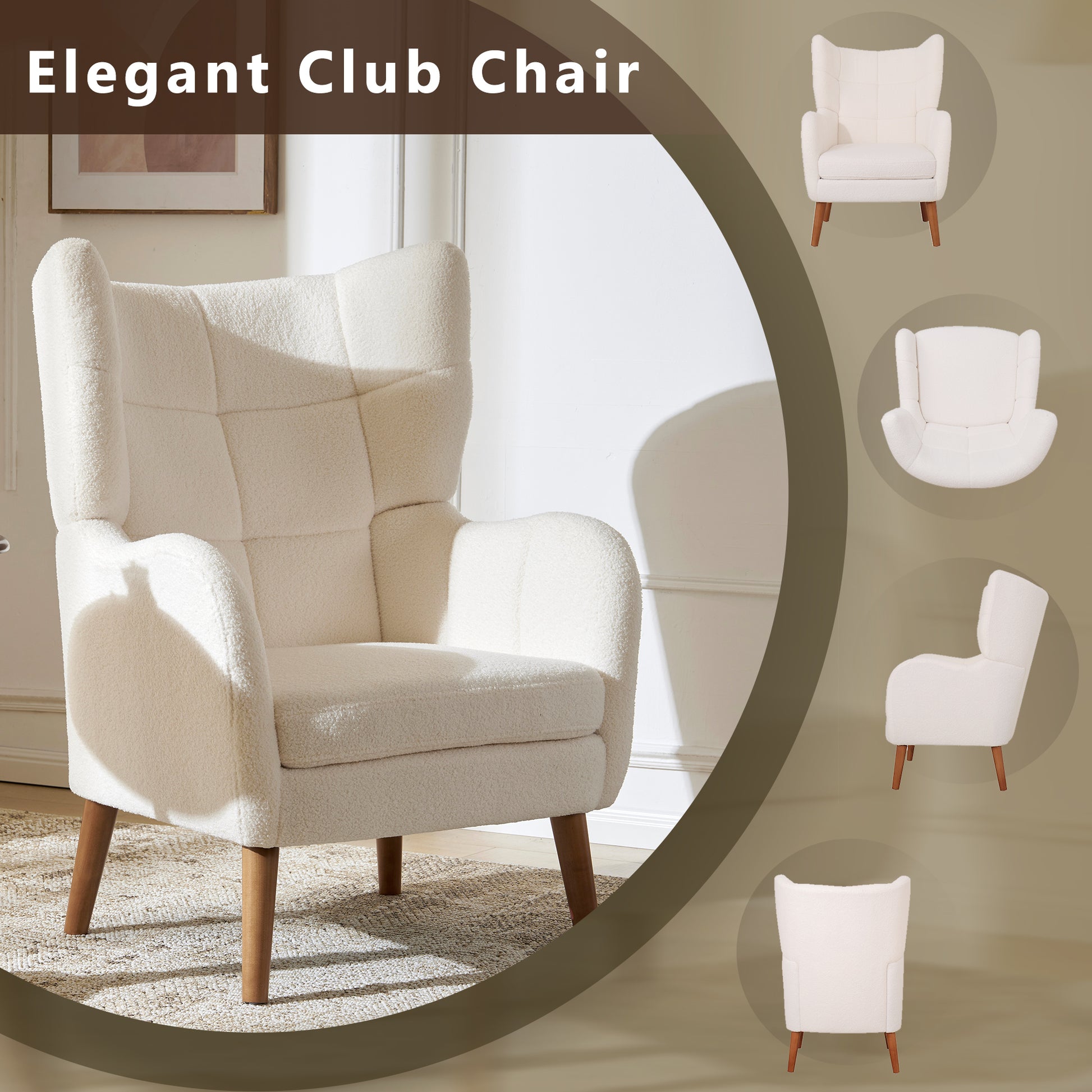 Mid Century Accent Chair, Ivory White, Modern Retro Club Chair, Birch Frame, Upholstered Teddy Wool Fabric, Single Sofa Armchair For Small Spaces, Living Room, Bedroom, Reading Corner, Balcony,Office Ivory White Espresso Primary Living Space
