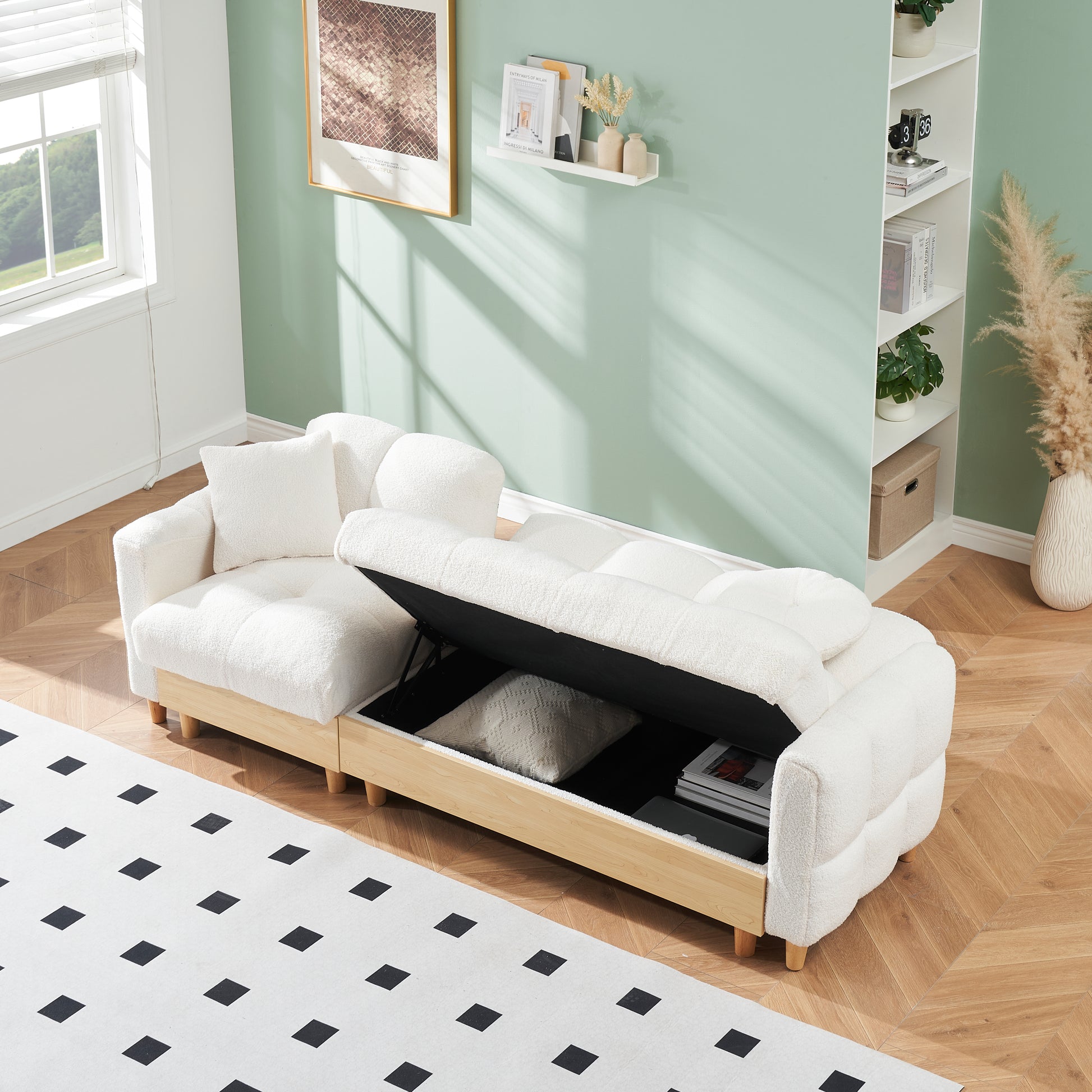 Beige Technology Cloth Three Seat Sofa Lift Sofa Bed With Locker Sofa Sofa Bed Small Sofa Small Family Sofa Bed Beige Teddy 3 Seat