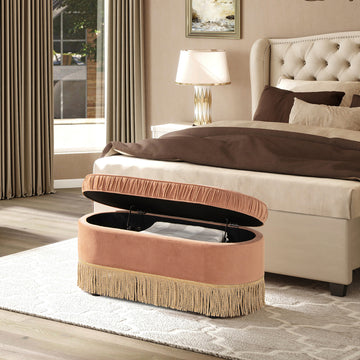 Serena 38" Oval Storage Bench Ottoman, Peach Orange Velvet Orange Foam Velvet