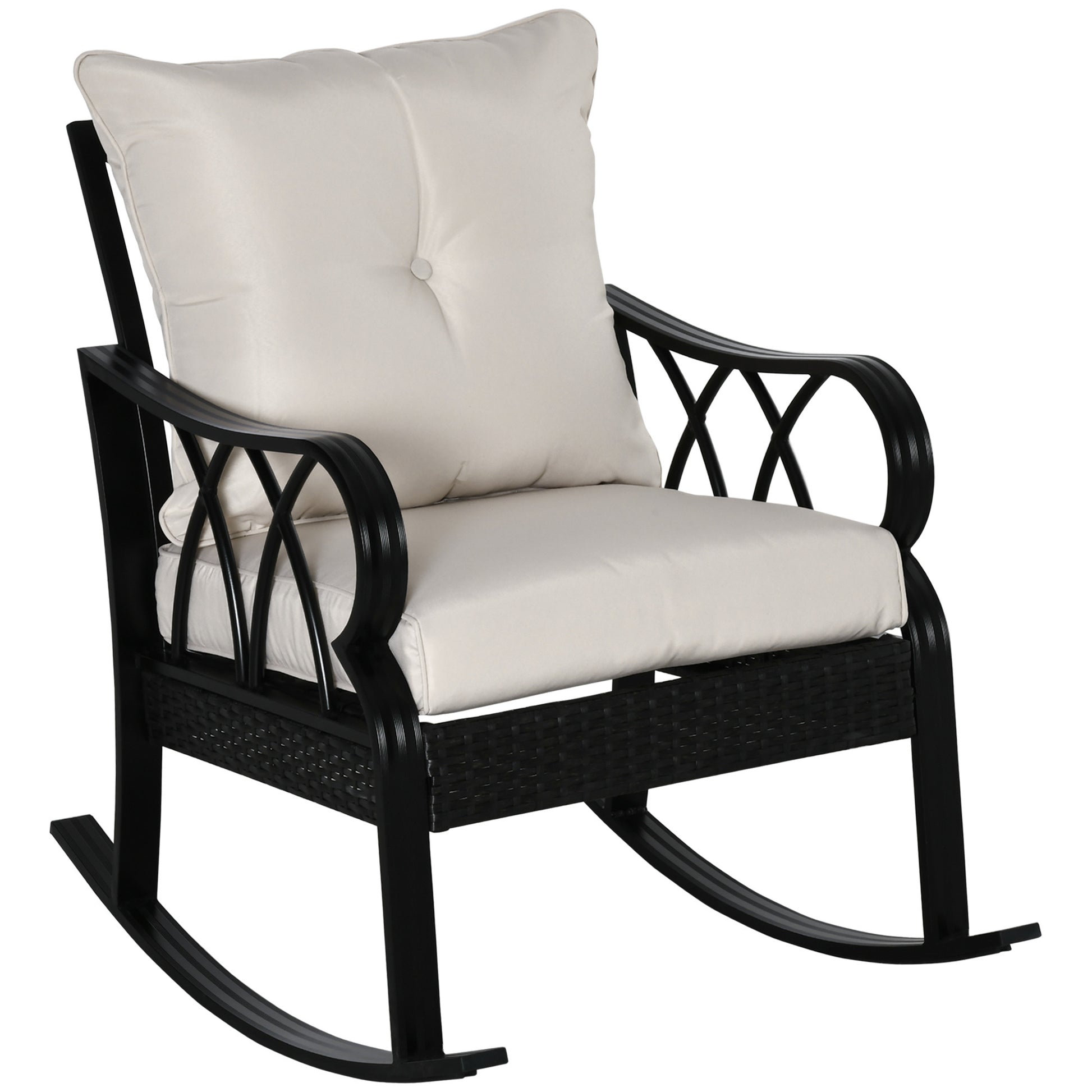 Outsunny Outdoor Wicker Rocking Chair With Padded Cushions, Aluminum Furniture Rattan Porch Rocker Chair W Armrest For Garden, Patio, And Backyard, Khaki Brown Aluminum