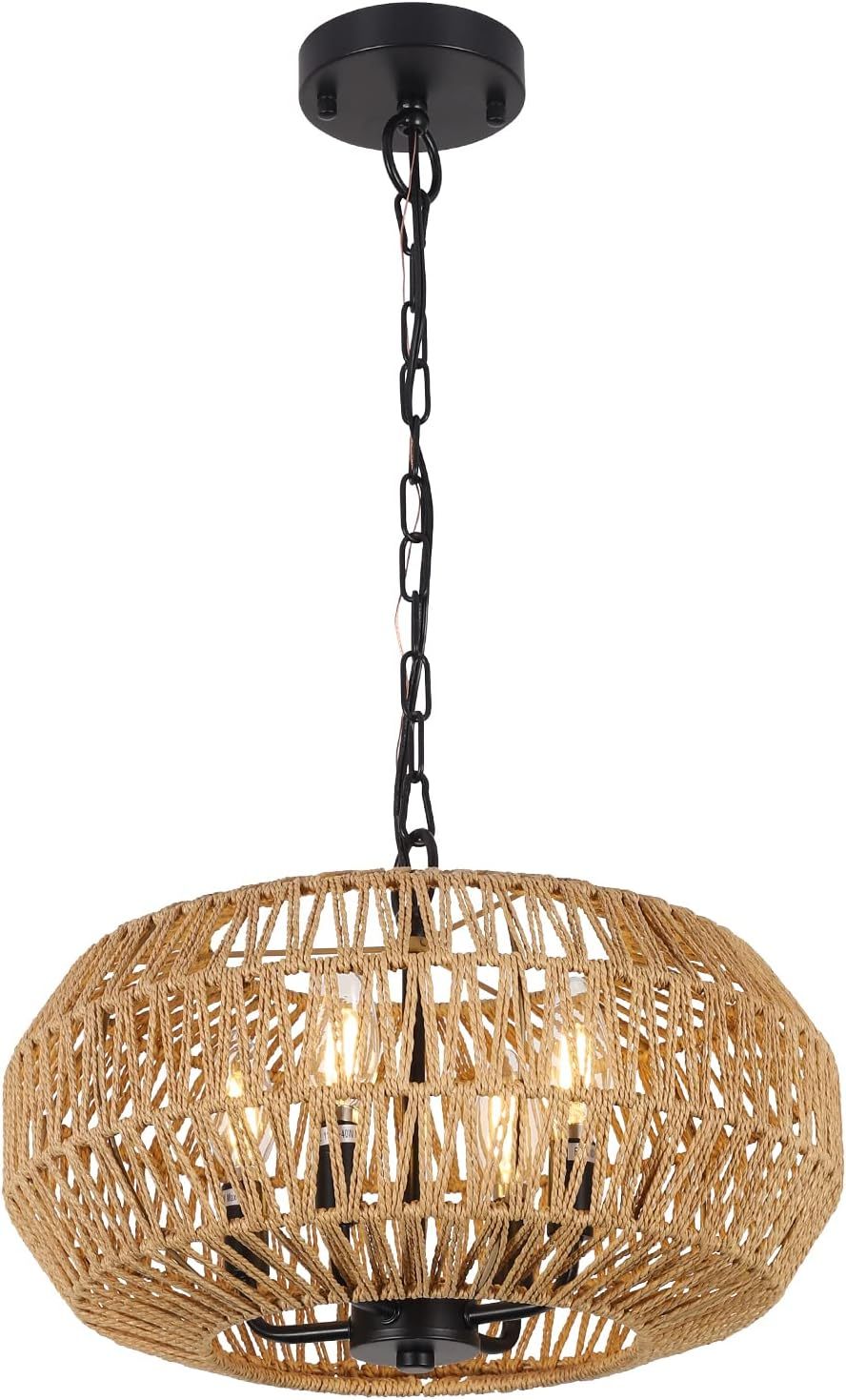 Farmhouse Rattan Pendant Lights, 15.7" 4 Light Boho Chandelier Light Fixture, Wicker Hand Woven Basket Pendant Hanging For Dining Room Living Room Kitchen Island Bedroom Foyer, Height Adjustable Brown Rattan Metal