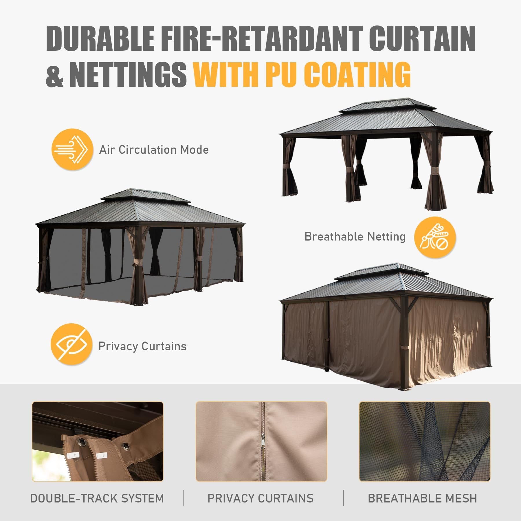 Outdoor Living 14X20Ft Hardtop Gazebo, Permanent Metal Gazebo With Galvanized Steel Double Roof And Aluminum Frame, Curtain And Netting, Large Pavilion Gazebo For Patio Deck Garden Brown Aluminum