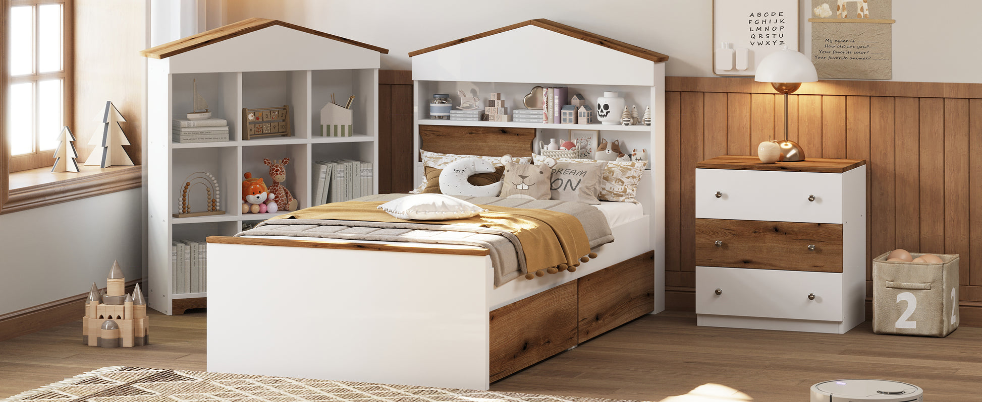 3 Pieces Bedroom Sets, Twin Size House Shaped Wooden Bed With Storage Drawers, Nightstand With Colorblock Design And House Shaped Stroage Rack, Brown White Twin Brown White 3 Piece Set Wood