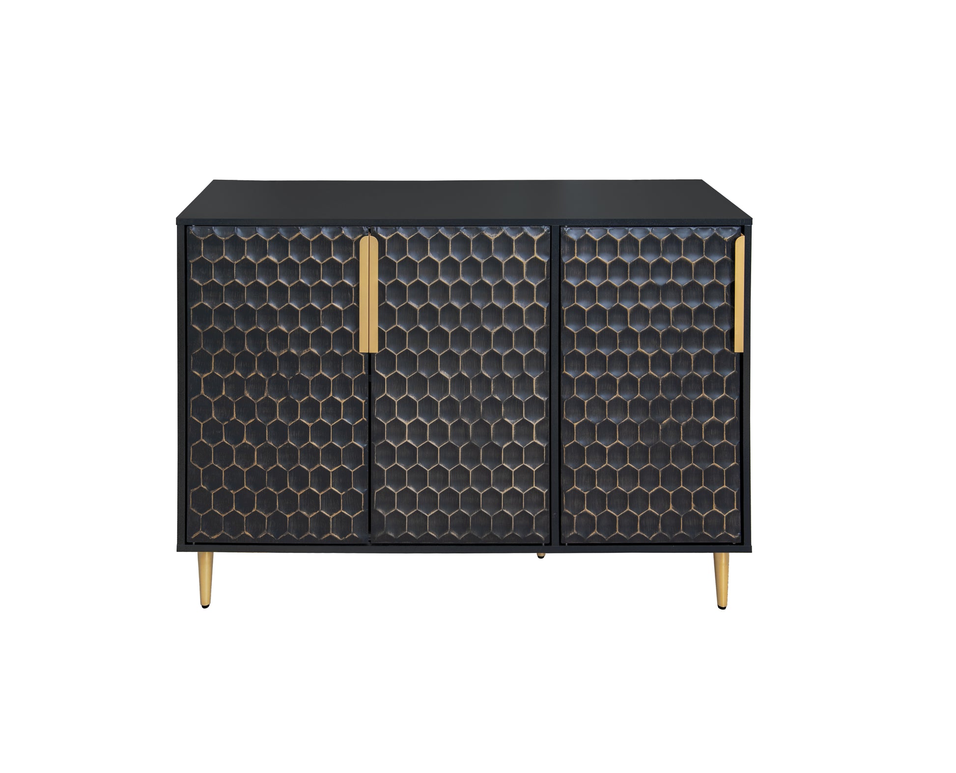 3 Door Storage Cabinet,Buffeet Sideboard With Adjustable Shelves,Honeycomb Seamless Hexagons Pattern Metal Door For Living Room,Dinging Room,Kitchen,Entrance Black Modern Iron,Particle Board Mdf