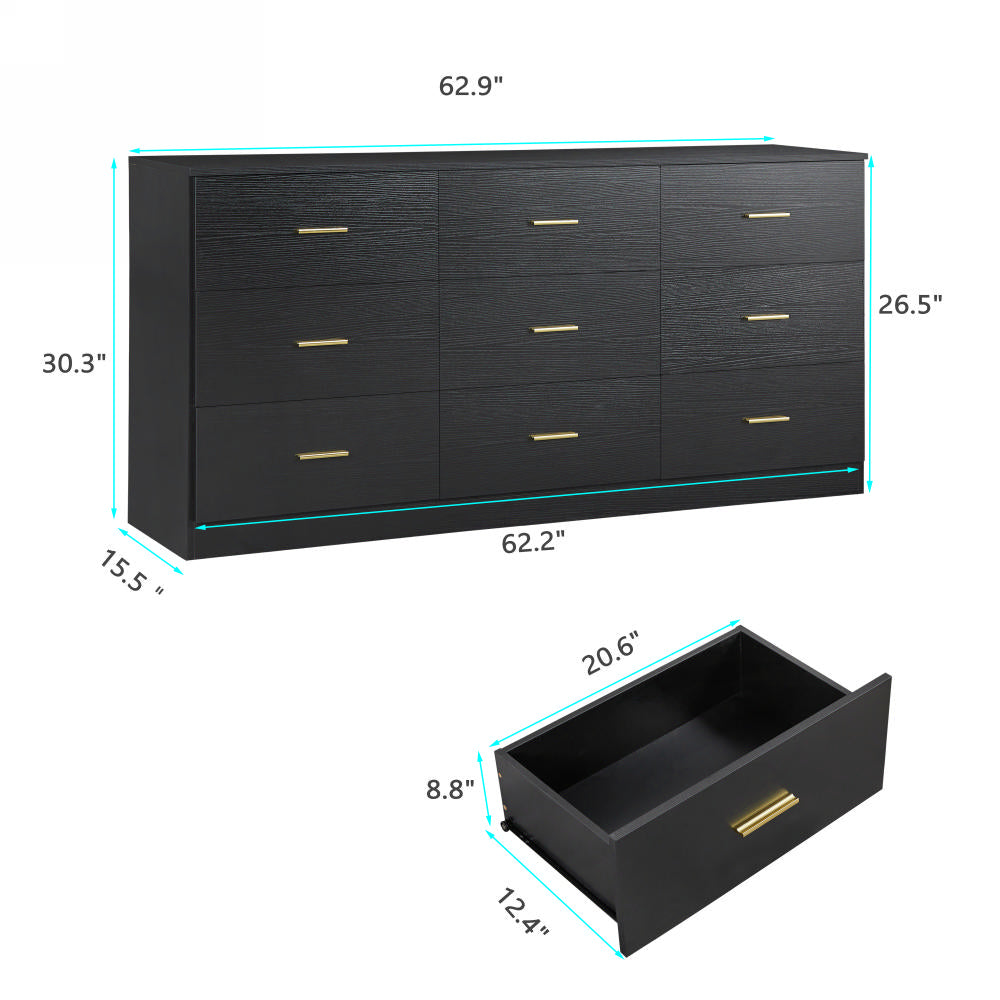 Modern Black 9 Drawer Dresser For Bedroom Large Storage Wide Chest Of Drawers, Sturdy & Safe Black Primary Living Space American Design,Contemporary,Modern Melamine Engineered Wood