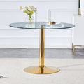 A 42 Inch Diameter Glass Top And A Modern, Minimalist Round Dining Table With Gold Metal Legs. Ideal For Dining Rooms, Living Rooms And Meeting Rooms. Model: Dt 1166 Gold Glass Metal