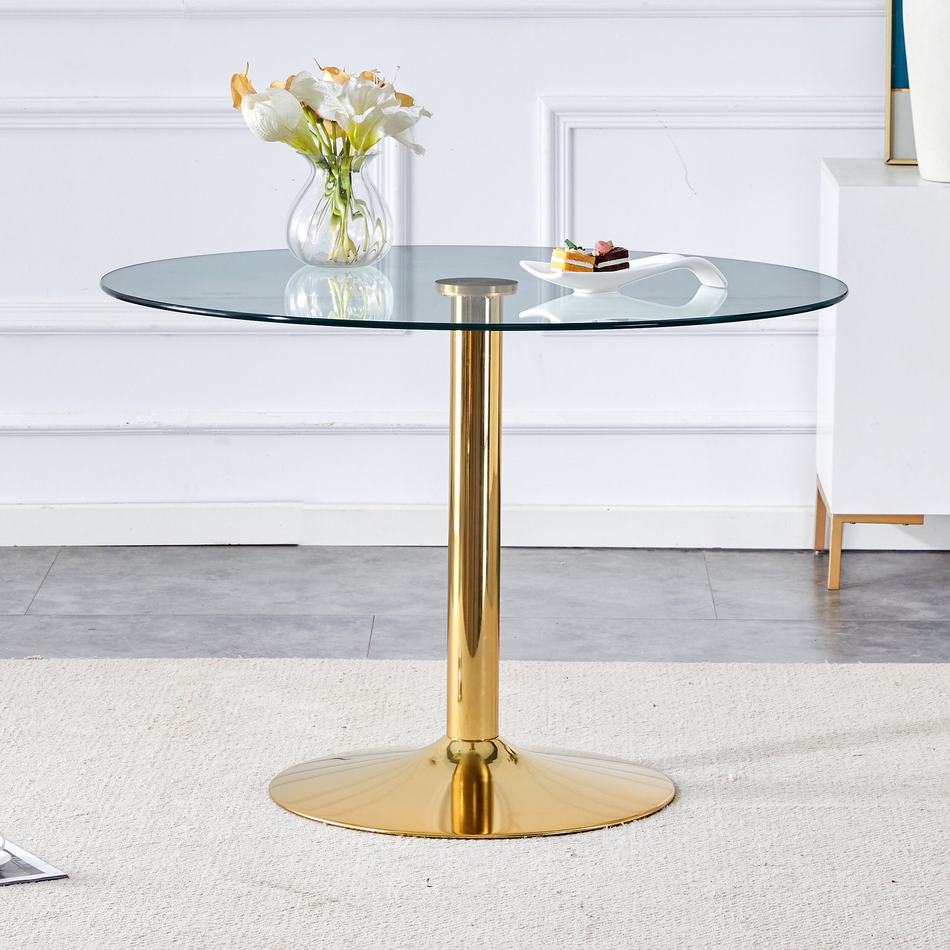 A 42 Inch Diameter Glass Top And A Modern, Minimalist Round Dining Table With Gold Metal Legs. Ideal For Dining Rooms, Living Rooms And Meeting Rooms. Model: Dt 1166 Gold Glass Metal