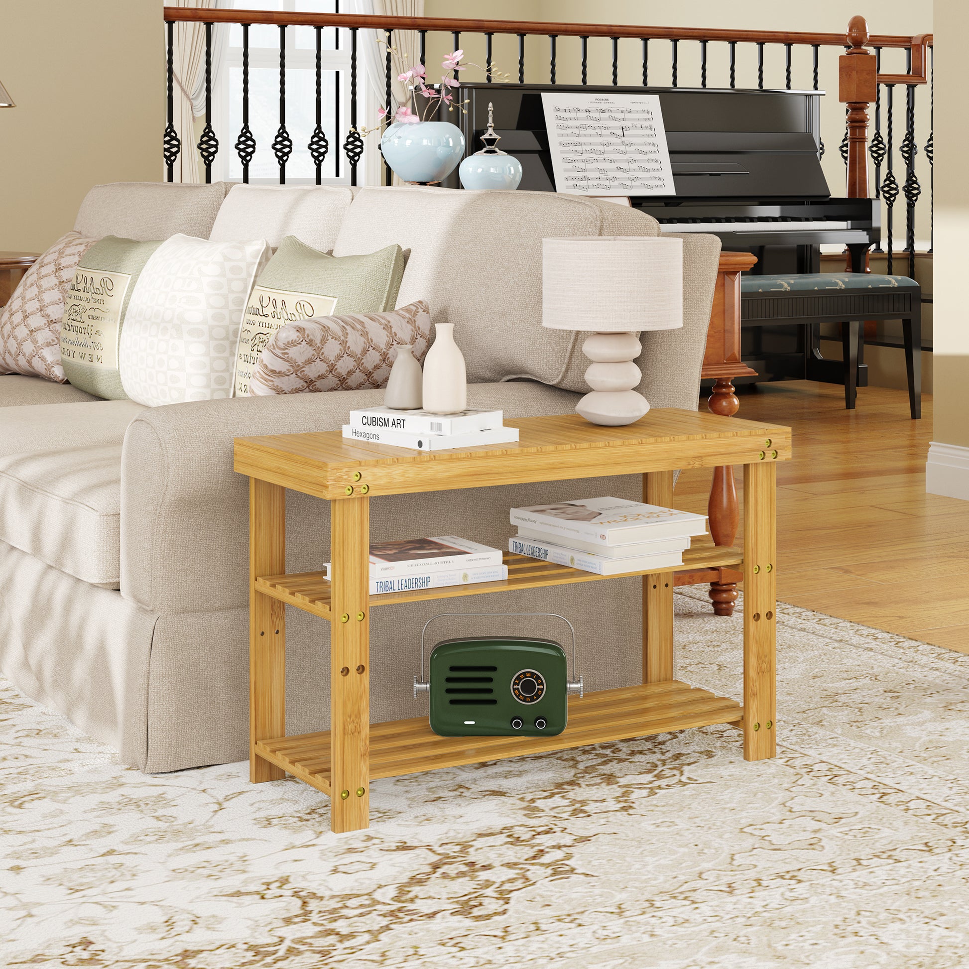 Bamboo Shoe Bench, 3 Tier Shoe Rack, Entryway Bench With Cushion And Adjustable Shelves, Shoe Rack For Entryway, Hallway, Mudroom And Living Room, Bamboo Khaki Bamboo