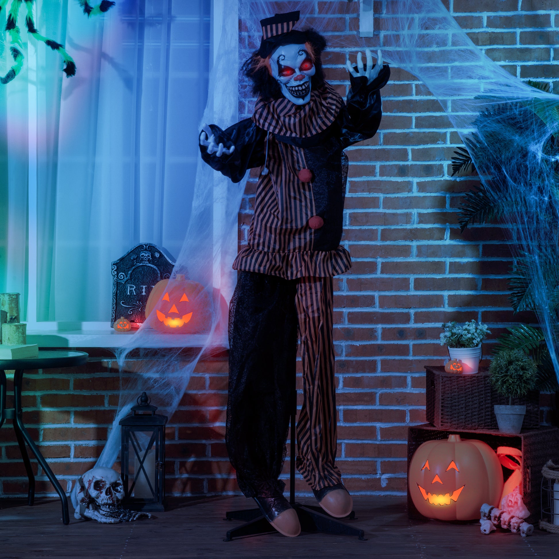 Outsunny 67" Life Size Outdoor Halloween Decorations Talking Circus Clown, Animatronic Animated Prop, D Cor With Sound And Motion Activated Light Up Eyes, Laughter Multicolor Polyester