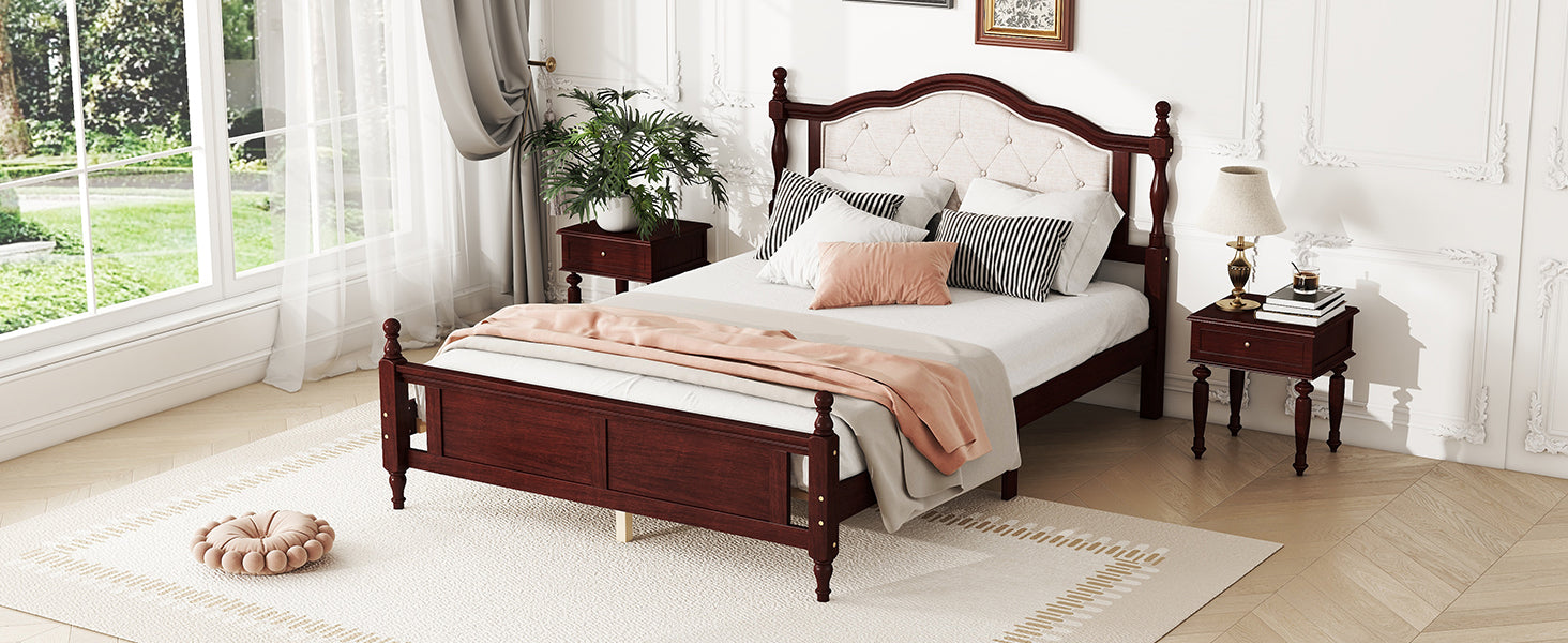 Queen Pine Wooden Bed With Upholstered Headboard And Panel Footboard, With Two Bed Rail Support Feet And Central Platform Support Feet ,Classic Cherry Queen Cherry Pine