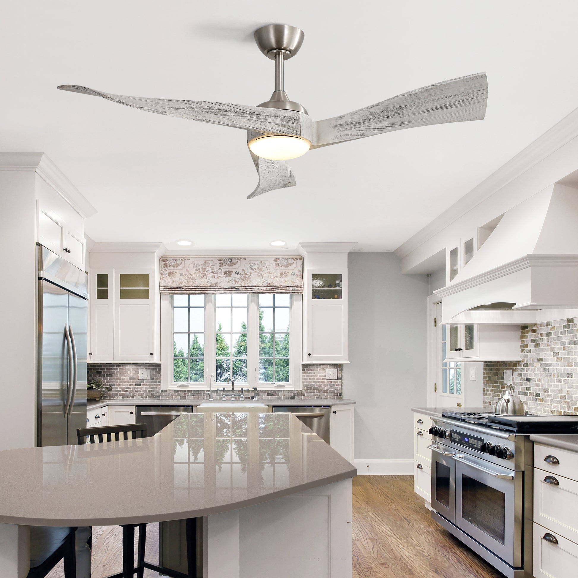 52 Inch Ceiling Fan Without Light 6 Wind Speed Timing Function 3 Solid Wood Blade Reversible Dc Motor Brushed Nickel Metal & Wood