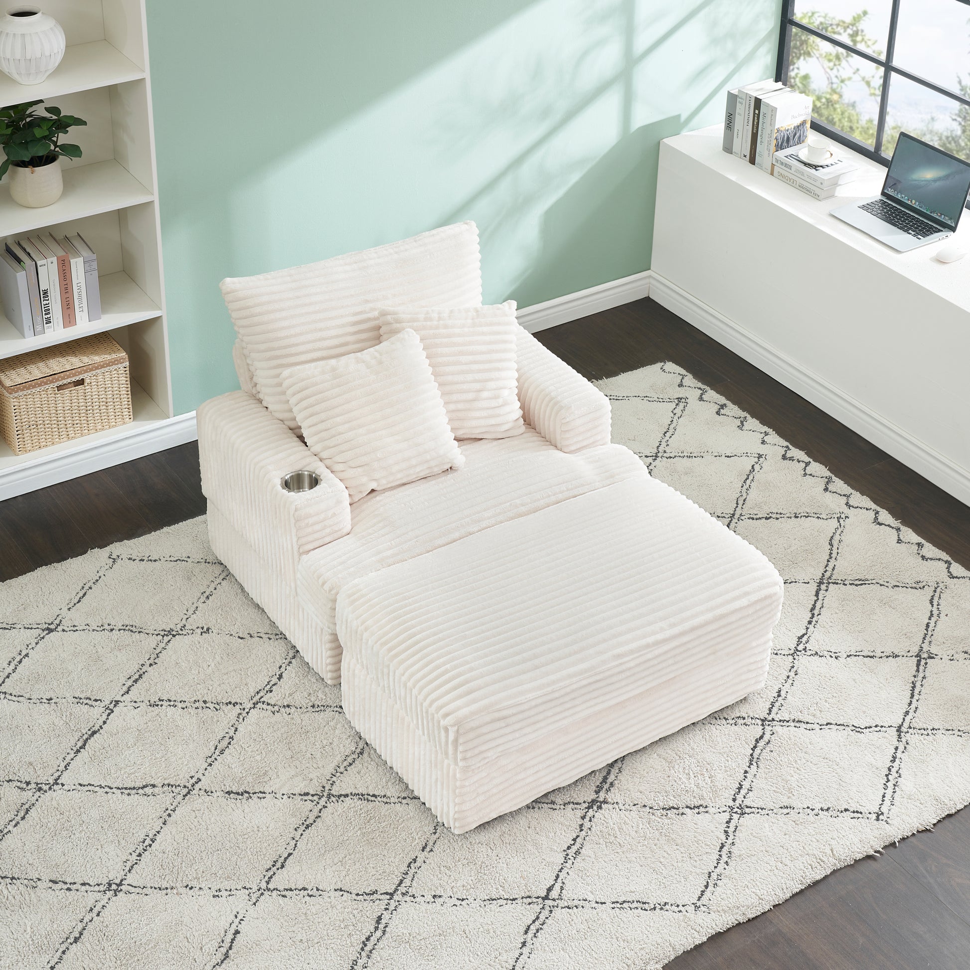 39 Inch Spring Upholstered Armchair And Ottoman Set Comfortable Single Sofa With Cup Holder And Corduroy Fabric, Perfect For Living Room Or Bedroom White Corduroy 1 Seat
