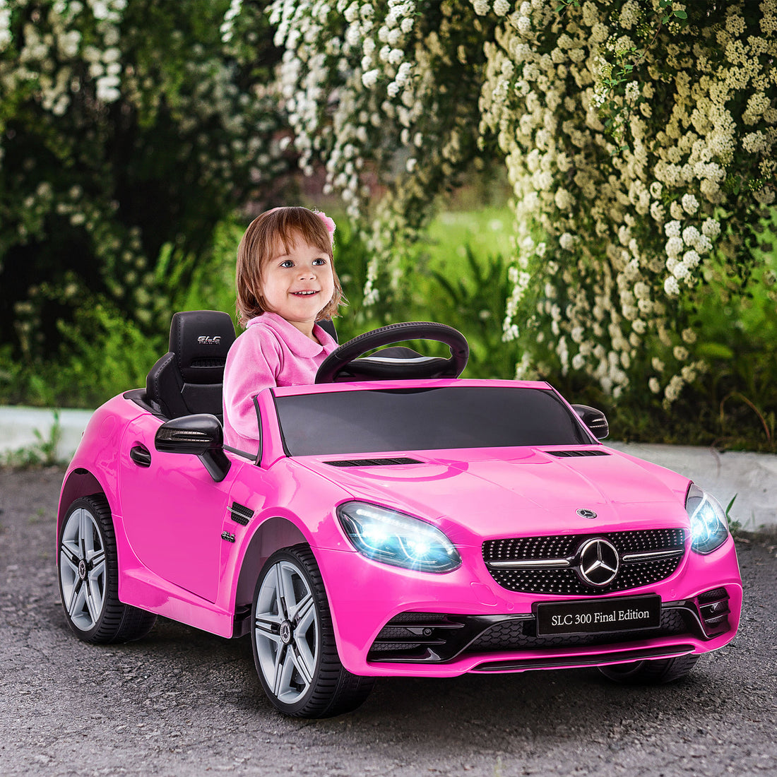 Aosom Mercedes Slc 300 Licensed Kids Electric Car With Remote Control, 12V Battery Powered Kids Ride On Car With Music, Lights, Suspension For 3 6 Years Old, Pink Pink Plastic