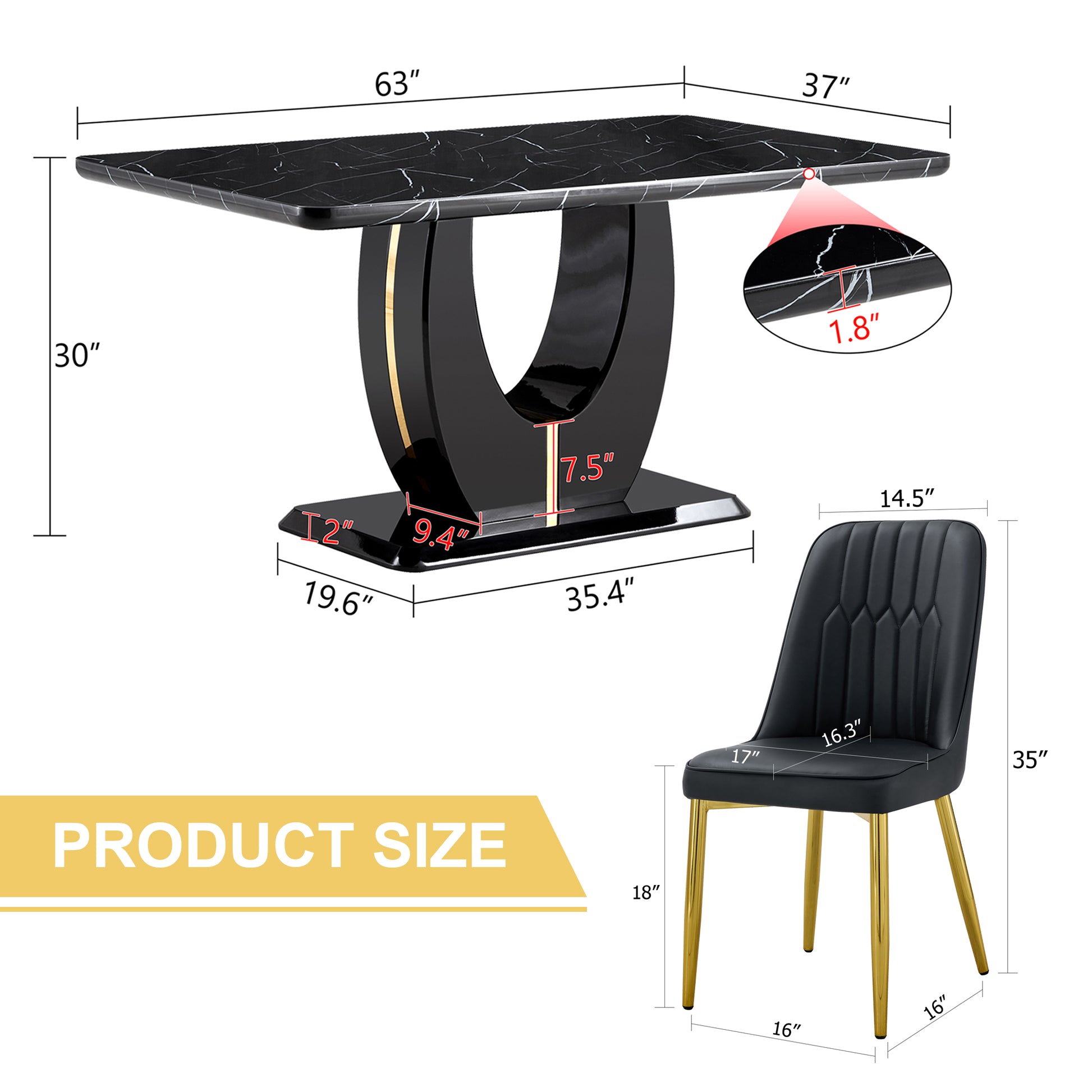 Table And Chair Set.63"W X 37"D X 30"H Black Marble Mdf Diningtable Set With 6 Black Pu Chairs With Gold Metal Legs.Bring A Comfortable Home Experience To The Kitchen, Bedroom, And Office.