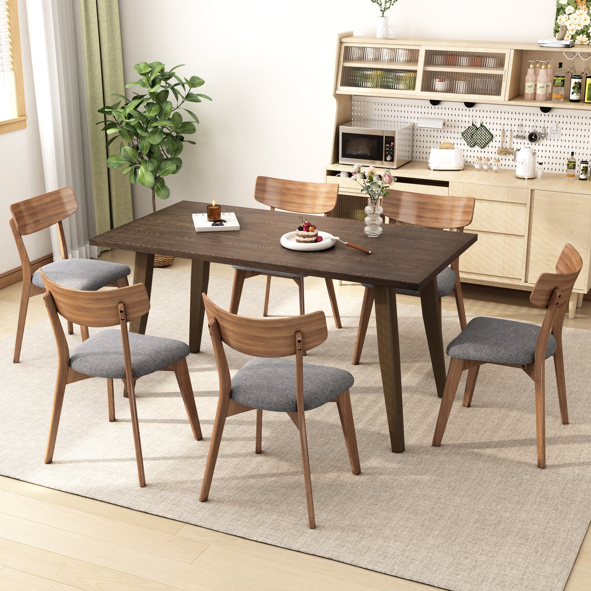 7 Piece Dining Set,Mid Century Walnut Finished Frame Upholstered Dining Chairs Set Of 6 Dark Grey Wood Dining Table Brown Brown,Dark Grey Fabric,Rubber Wood