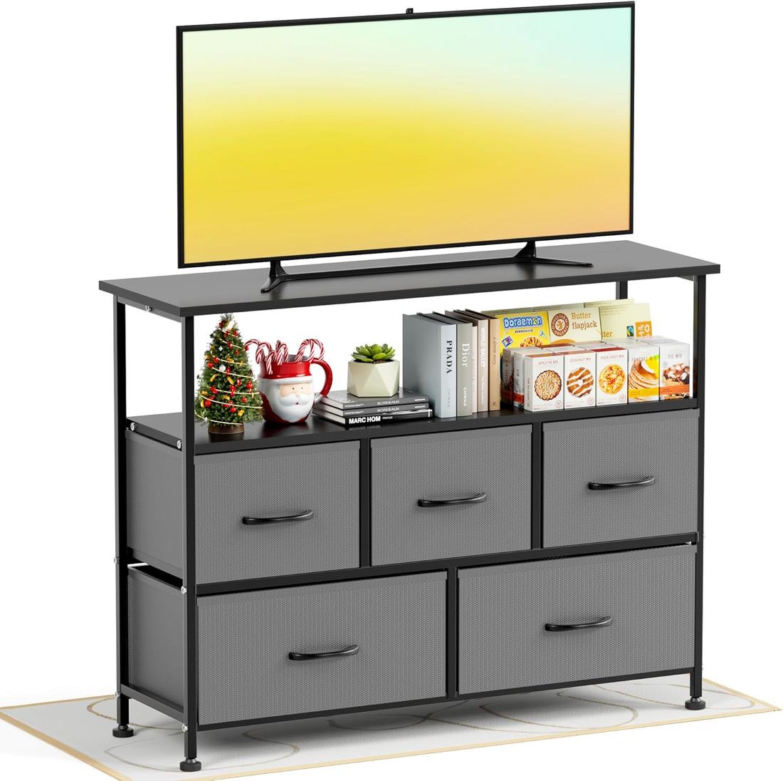 Tv Stand Dresser For Bedroom Entertainment Center With 5 Fabric Drawers, Storage Organizers Units For Living Room, Media Console Table With Open Shelf Up For 45" Tv, Gray, Wood Top Gray Wood