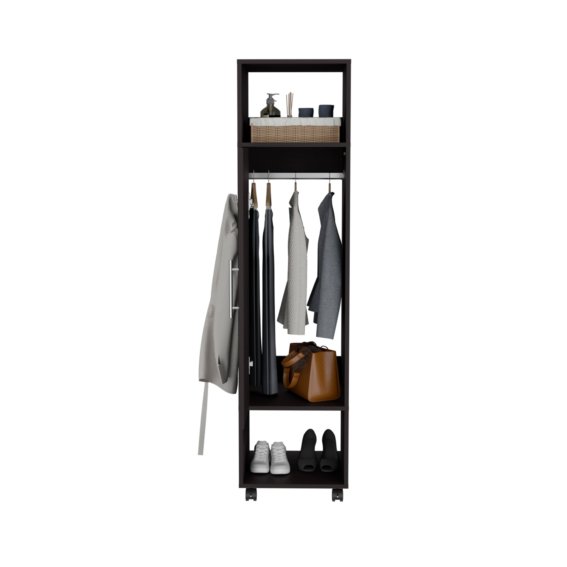 Cluster 63" Tall Wardrove One Door Cabinet With Mirror, Three Shelves, Casters And Hanging Rod, Armoire, Bedroom Clothes Storage, Cabinet Organizer Black Black Bedroom Modern Particle Board