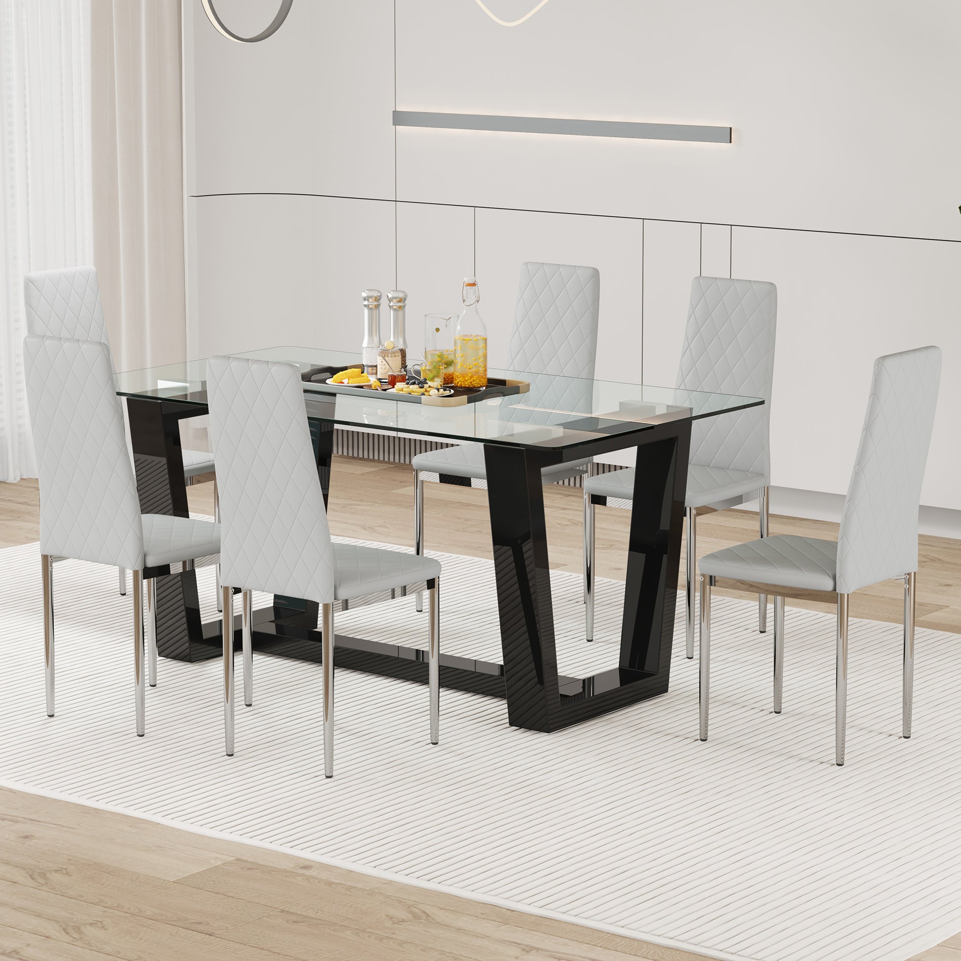 Table And Chair Set.A Rectangular Dining Table Features With Tempered Glass Top And Sleek Black Mdf Stand.Paried With 6 Pu Chairs With Checkered Armless High Back And Electroplated Metal Legs. Light Gray,Transparent Seats 6 Mdf Glass