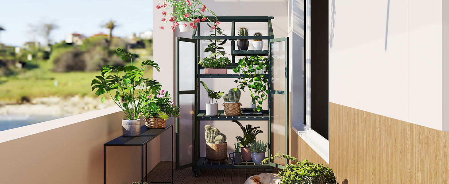 62Inch Height Wood Large Greenhouse Balcony Portable Cold Frame With Wheels And Adjustable Shelves For Outdoor Indoor Use, Forest Green Green Casual Wood Solid Wood