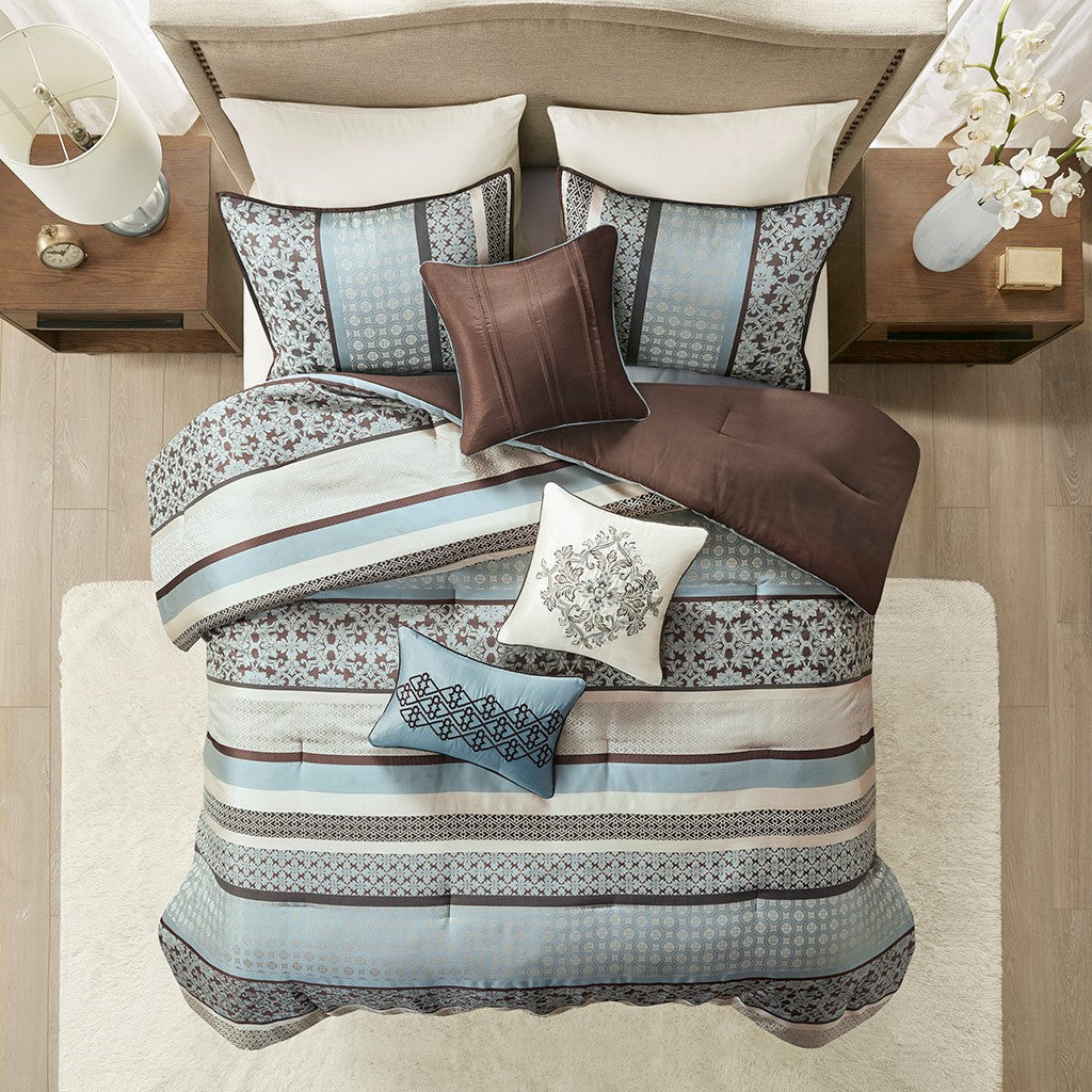7 Piece Comforter Set Blue Queen Queen Blue Polyester