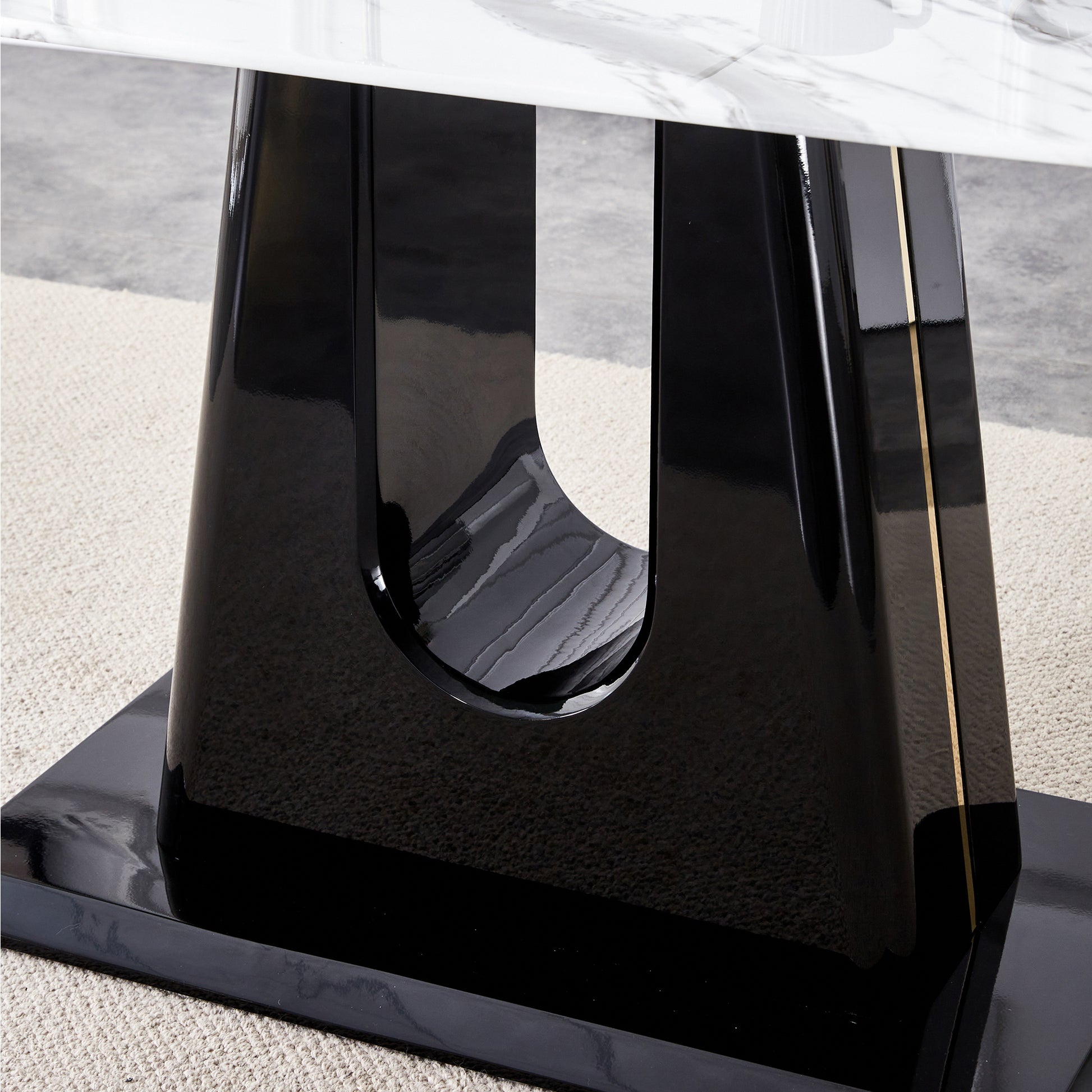 Table And Chair Set, Modern And Minimalist Dining Table, Imitation Marble Patterned Tabletop, Mdf Legs With U Shaped Brackets. Paired With Comfortable Chairs, Suitable For Dining And Living Rooms. Black Mdf Glass