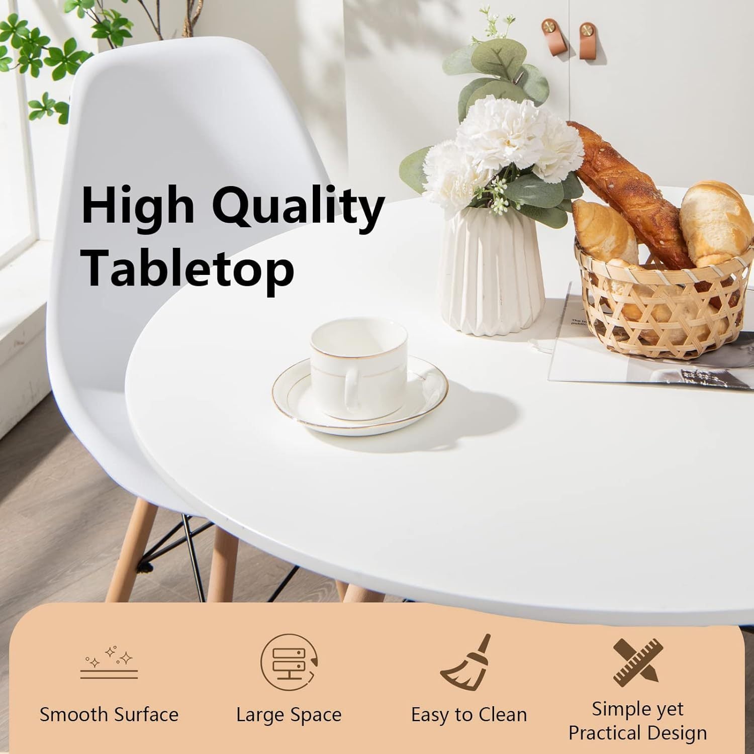 31.5" Round Dining Table Kitchen Table White Dining Table With White Mdf Desktop And Solid Wood Legs .Modern Style Coffee Table Leisure Dining Room Round Table For Kitchen Living Room White Kitchen Round Mdf
