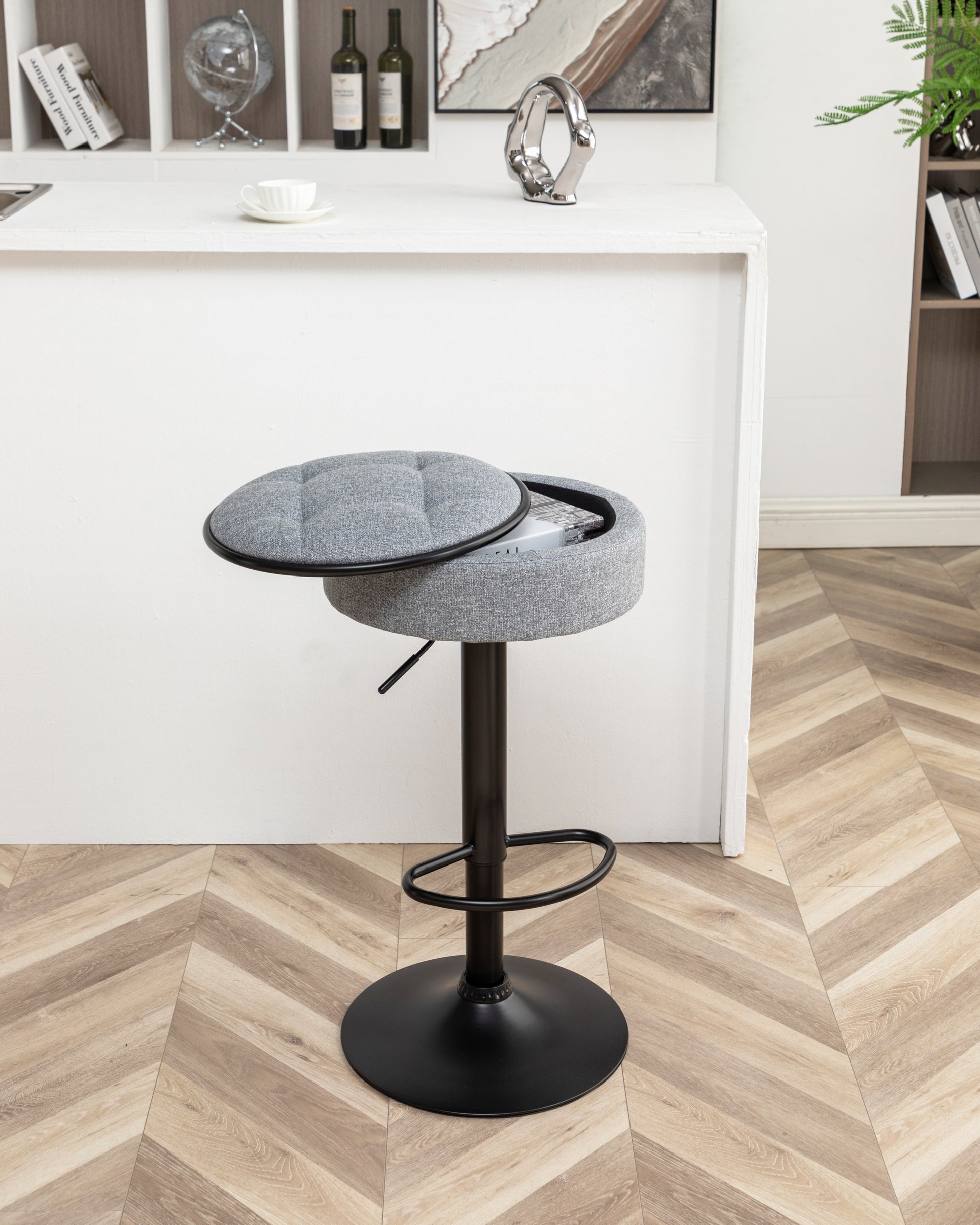 Round Storage Bar Stool Set Of 2, Grey Linen Height Adjustable Barstool, 360 Counter Height Swivel Stool, Armless Bar Chair With Metal Frame For Kitchen Counter Dining Living Room Grey Set Of 2 Foam Linen