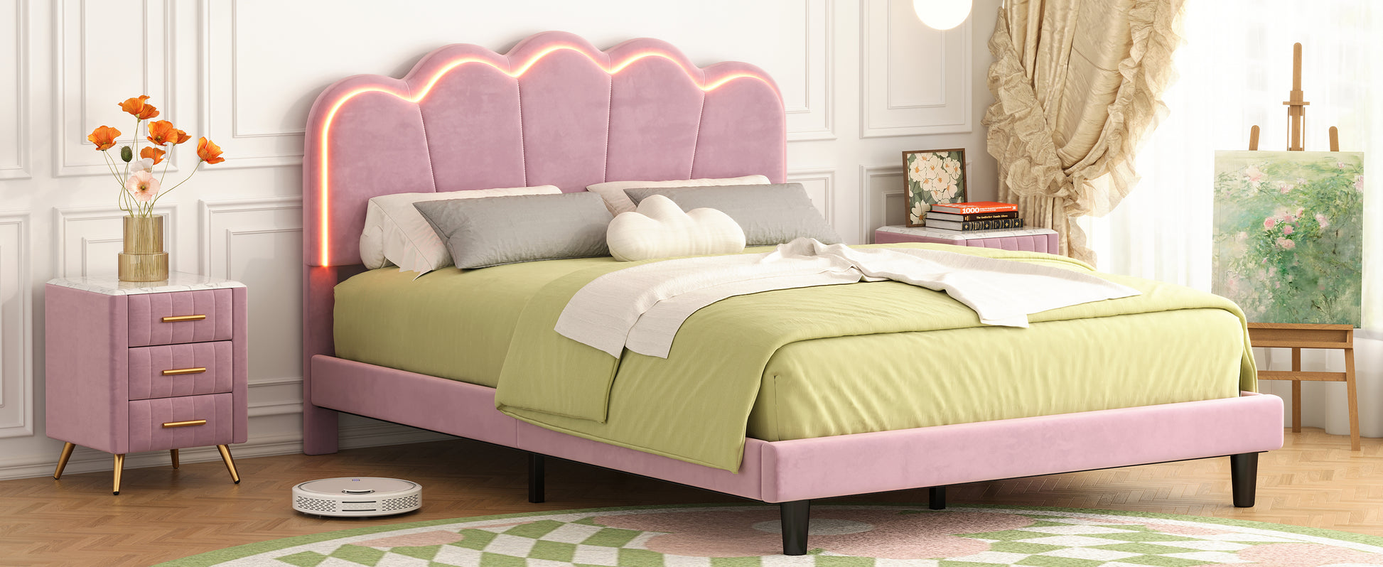 Queen Upholstered Smart Led Bed Frame With Elegant Flowers Headboard,Floating Velvet Platform Led Bed With Wooden Slats Support,Pink Pink Velvet