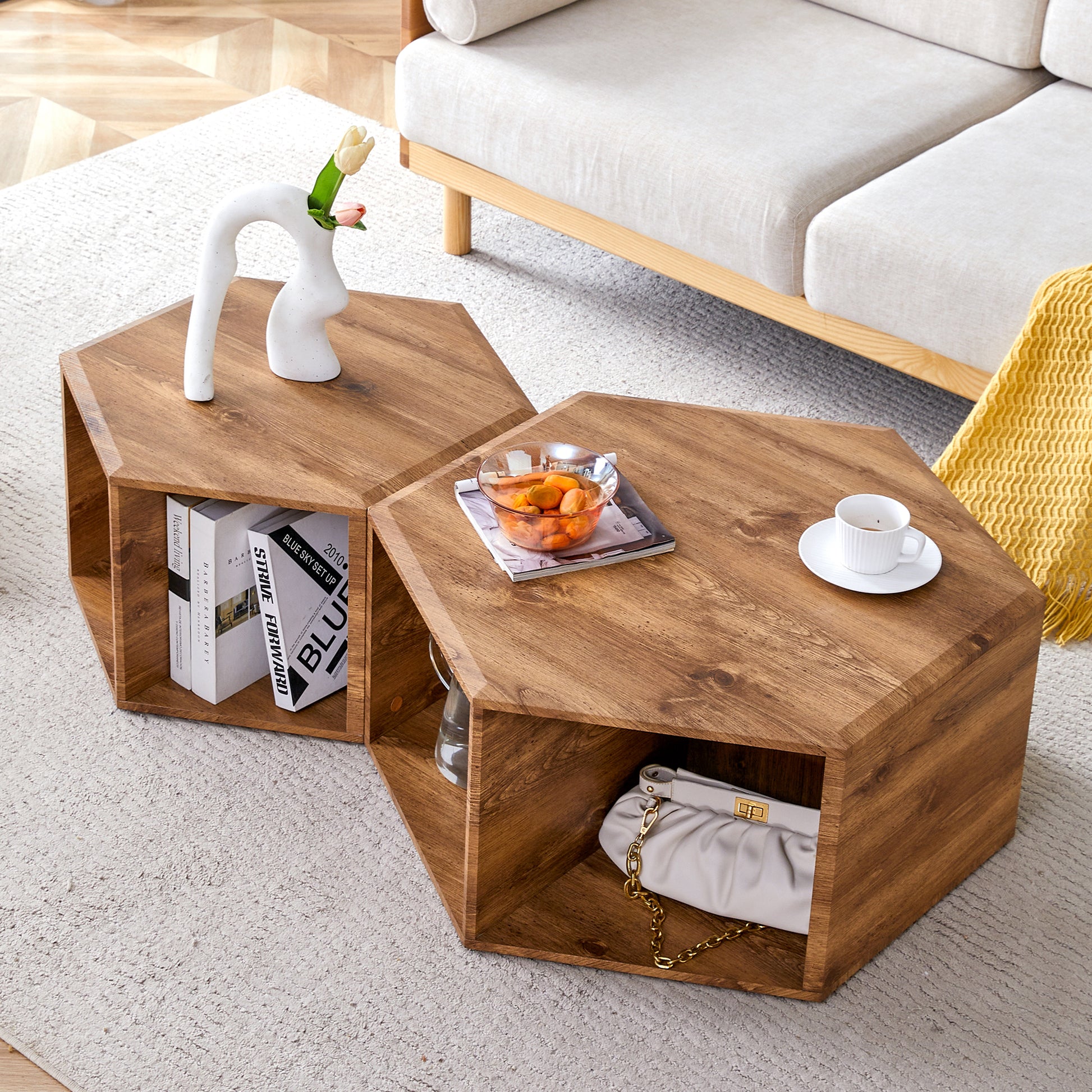 Modern Minimalist Wood Color Hexagonal Coffee Table Set.Hexagonal Mdf Coffee Table, Characteristic Pattern Stickers, Multi Hole Design To Give More Storage Space.Two Coffee Tables Of Different