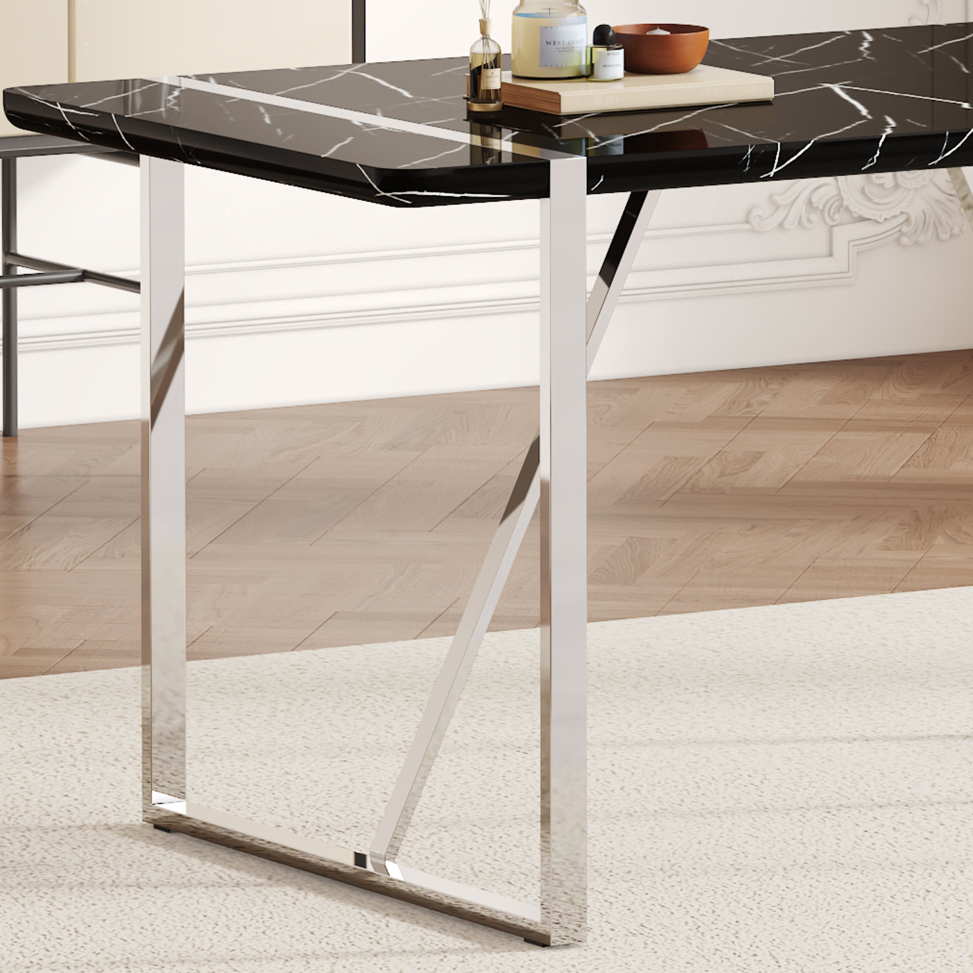 Table And Chair Set.A Rustic Industrial Rectangular Mdf Black Dining Table With Mdf Desktop And Electroplated Silver Metal Legs.Paried With 4 Chairs With Pu Cushion And Metal Legs. White Black Seats 4 Mdf Metal