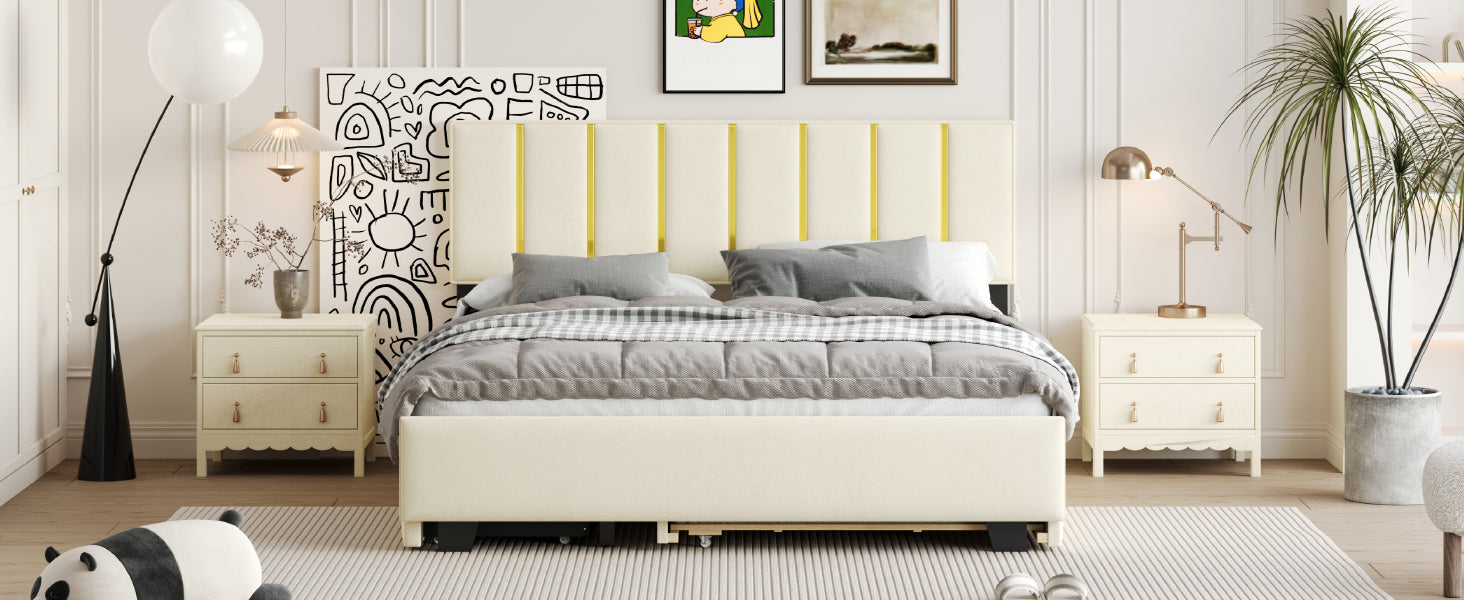 Queen Size Upholstered Platform Bed With 2 Drawers And 1 Trundle, Classic Metal Strip Headboard Design, Beige Queen Beige Mdf Lvl