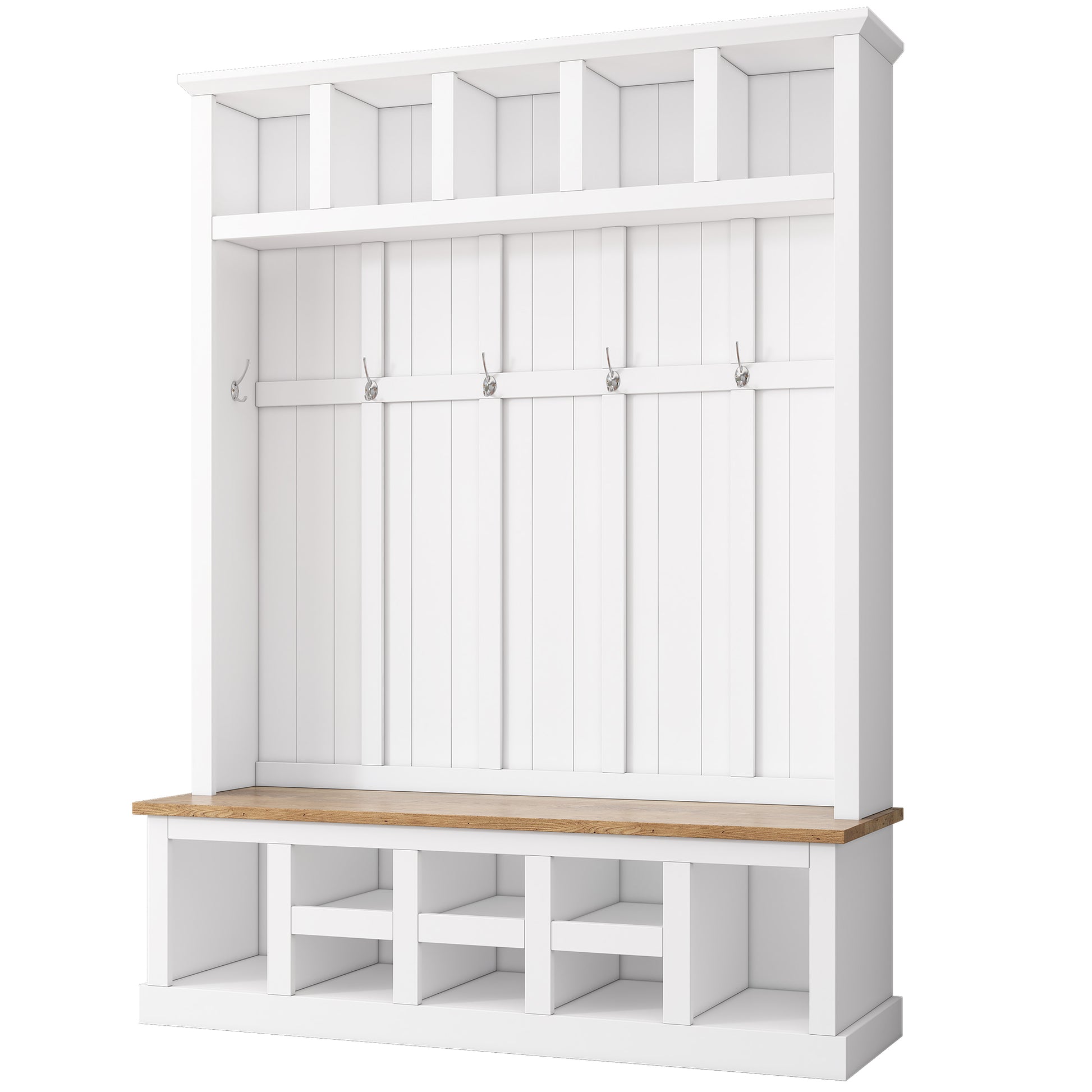 Farmhouse Wooden Style 78''H Modern Hall Tree With Wide Storage Seating Bench, Entryway Shoe Cabinet With 13 Compartments, Elegant Coat Rack With 6 Hooks For Mudroom, Living Room, White White Primary Living Space Particle Board