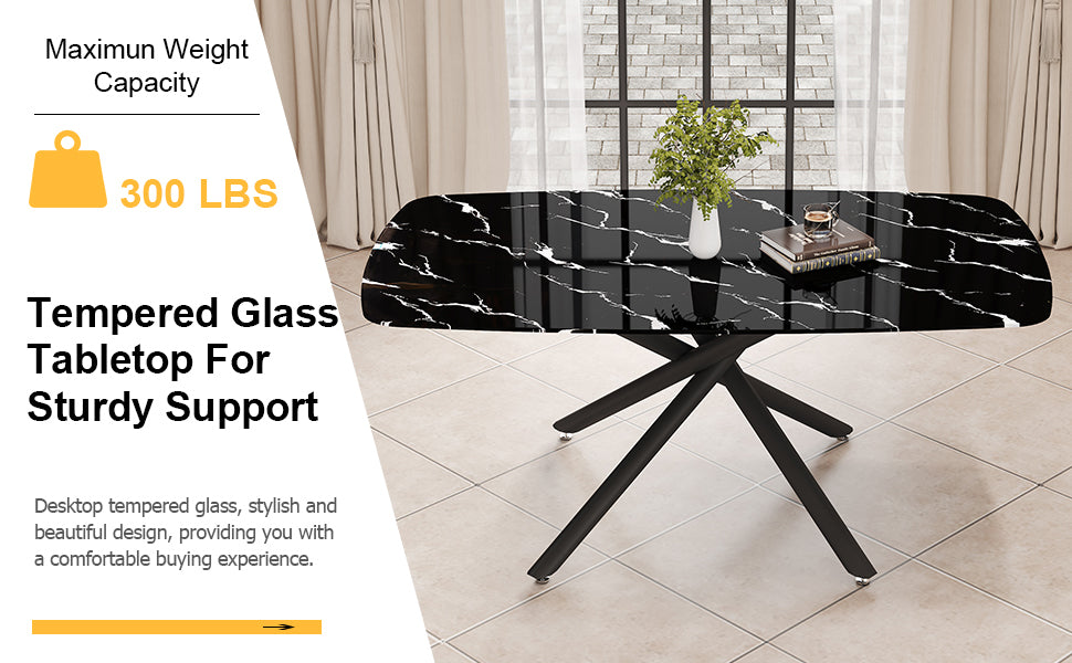 Large Modern Minimalist Rectangular Dining Table With 0.39 "Imitation Marble Black Tabletop And Black Metal Legs, Suitable For Kitchen, Dining Room, Living Room, Conference Room, And Banquet Hall 1537 Black Glass Metal
