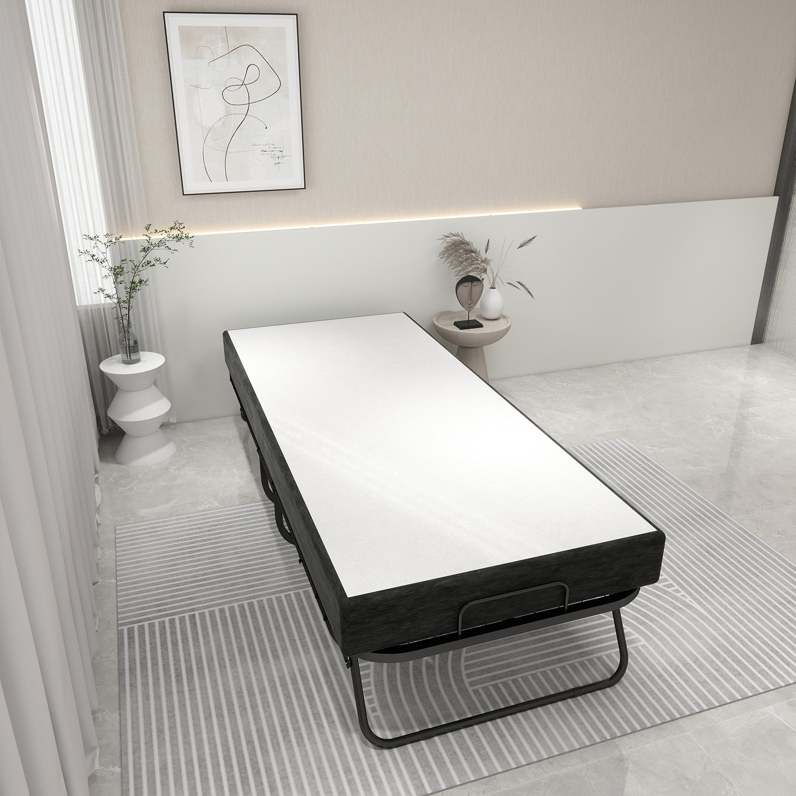 Deluxe Diplomat Folding Bed Twin Size With Luxurious Memory Foam Mattress And A Super Strong Sturdy Frame White Black Metal