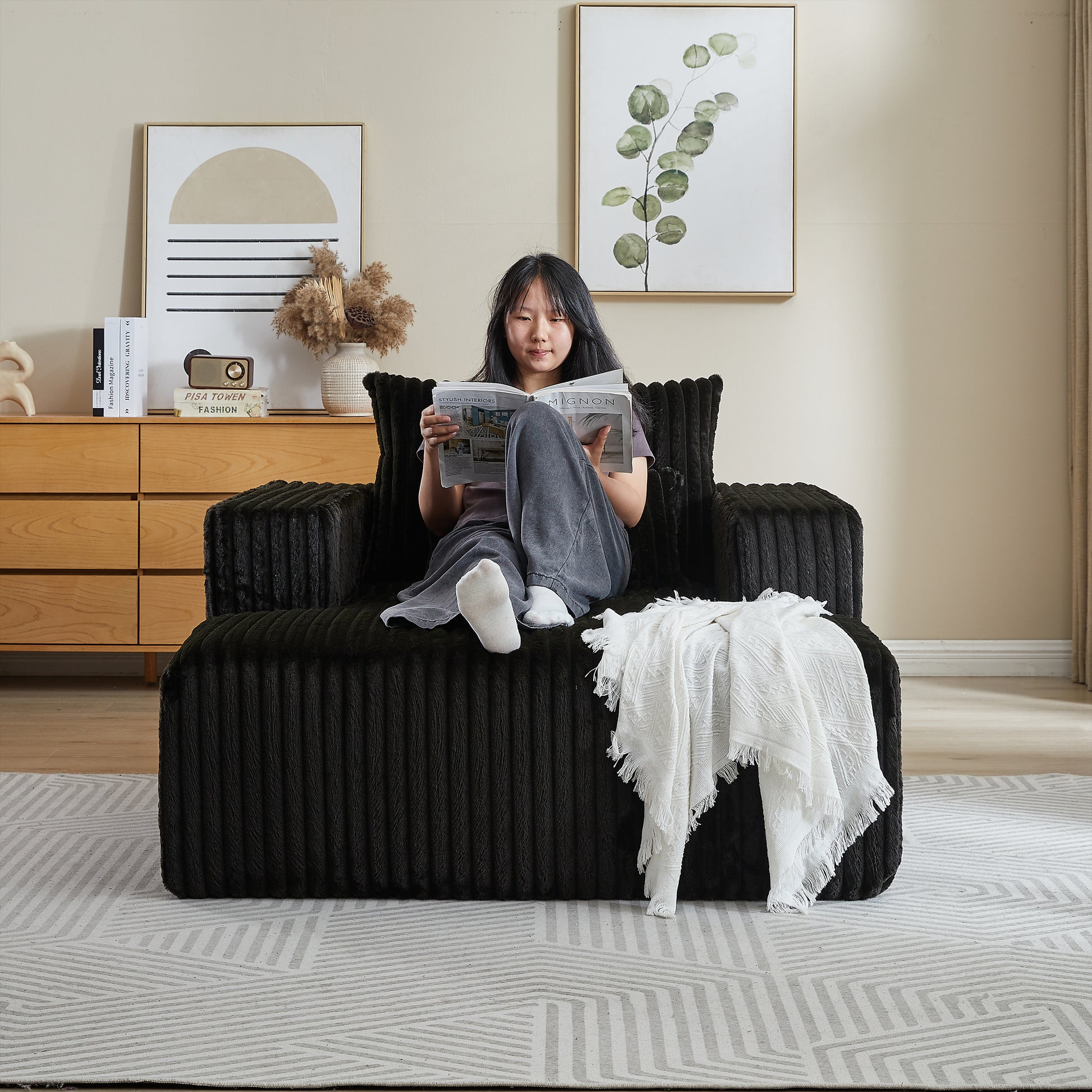 62.5 Inch Corduroy Sponge Sofa Lounge Chair,No Assembly Required,Fluffy Modern Sleeper Chair For Indoor Living Room Bedroom Black Foam Corduroy 1 Seat
