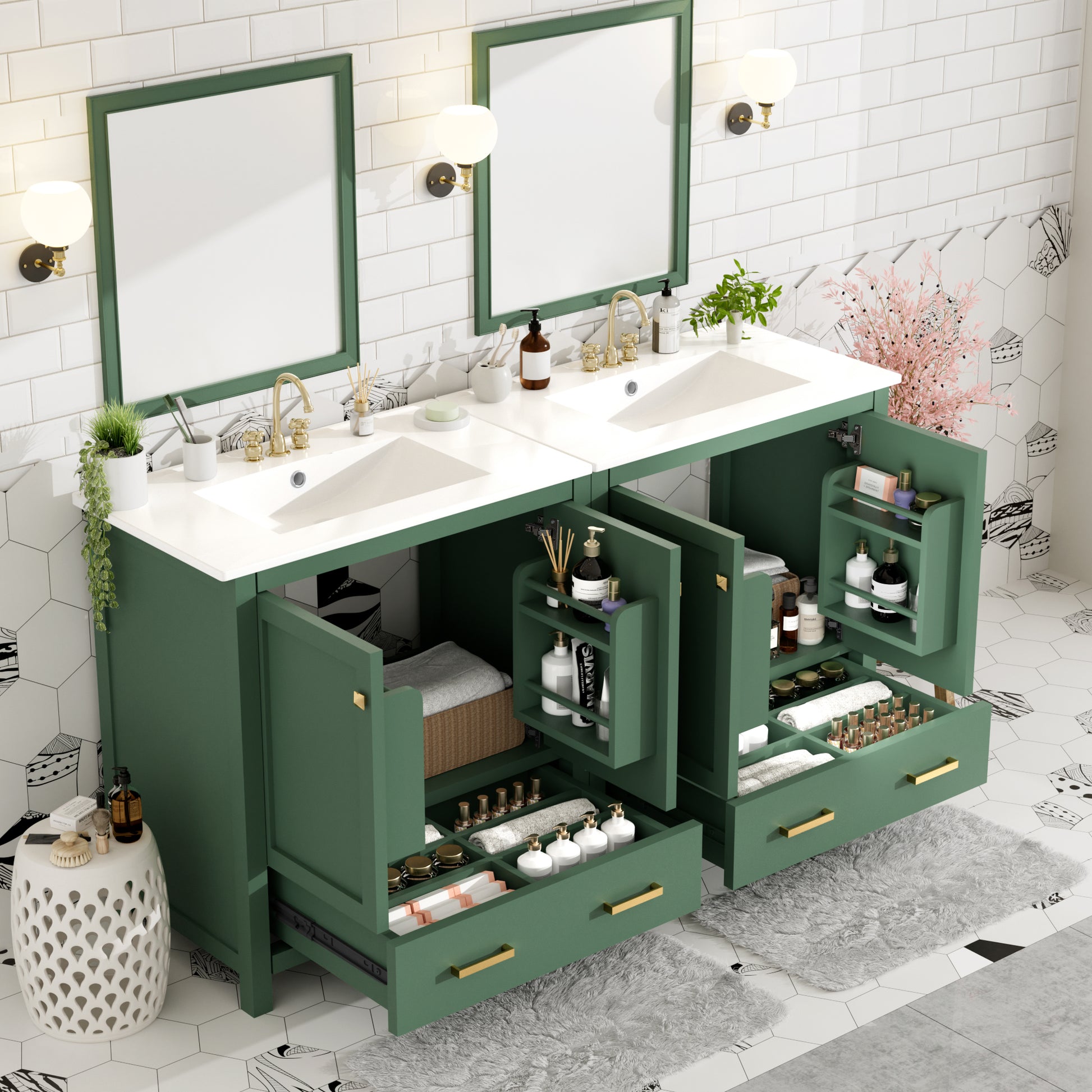 60" Green Bathroom Vanity Set With Double Vanities Separate , Double Ceramic Sinks, Storage Shelf, And Divided Drawers Mirror Not Included Modern Bathroom Solution For Spacious Bathrooms Green