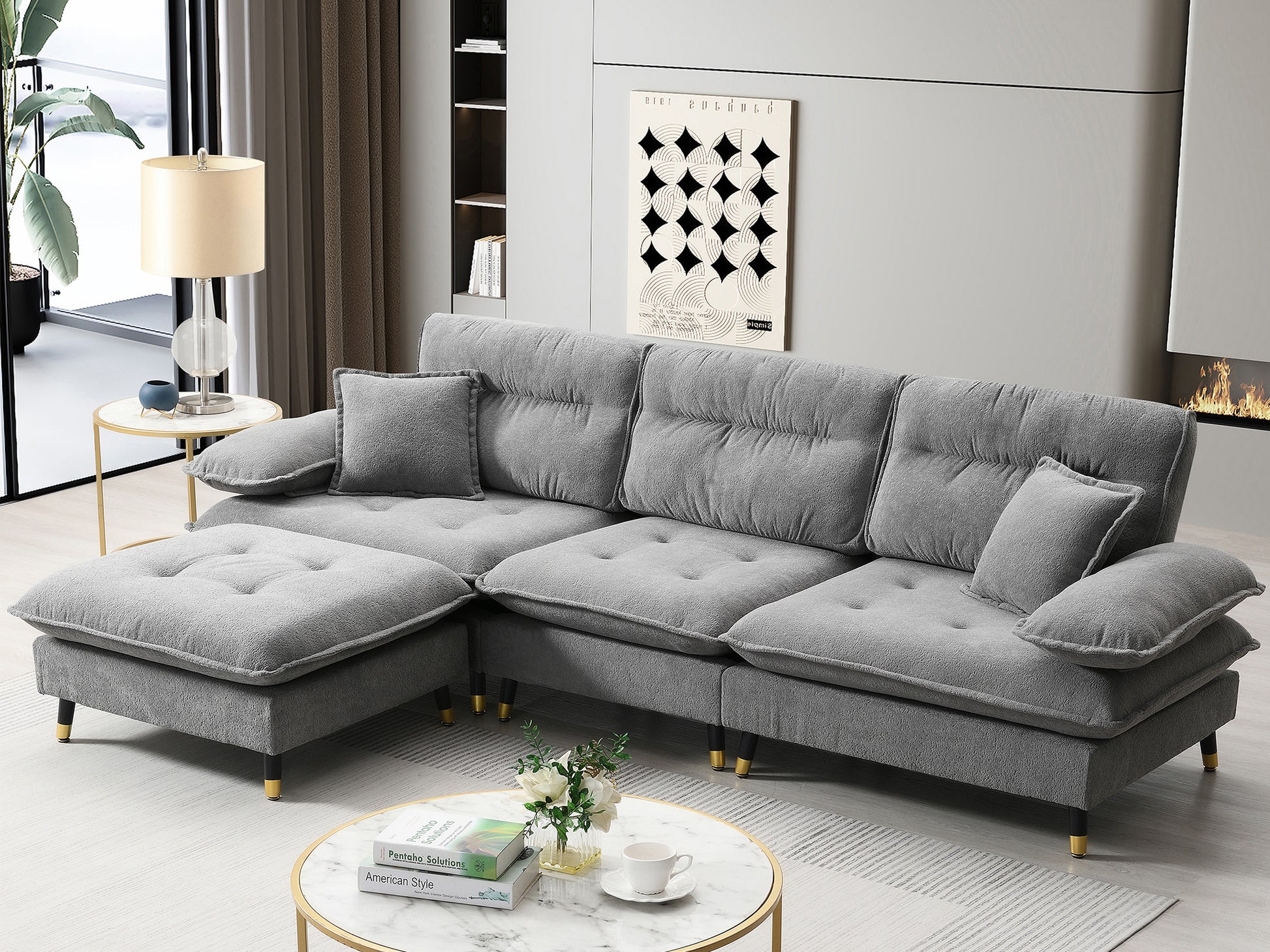 106*66.5" L Shaped Convertible Sectional Sofa,4 Seat Tufted Couch Set With Two Tone Adjust Legs,Cloud Chenille Fabric,Movable Ottoman For Living Room, Apartment,Office,3 Colors Gray Chenille 4 Seat