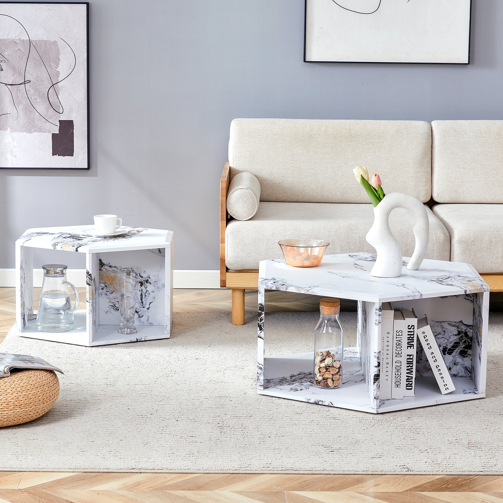 Minimalist White Patterns Hexagonal Coffee Table Set.Hexagonal Mdf Coffee Table, Characteristic Pattern Stickers, Multi Hole Design To Give More Storage Space.Two Coffee Tables Of Different Sizes.