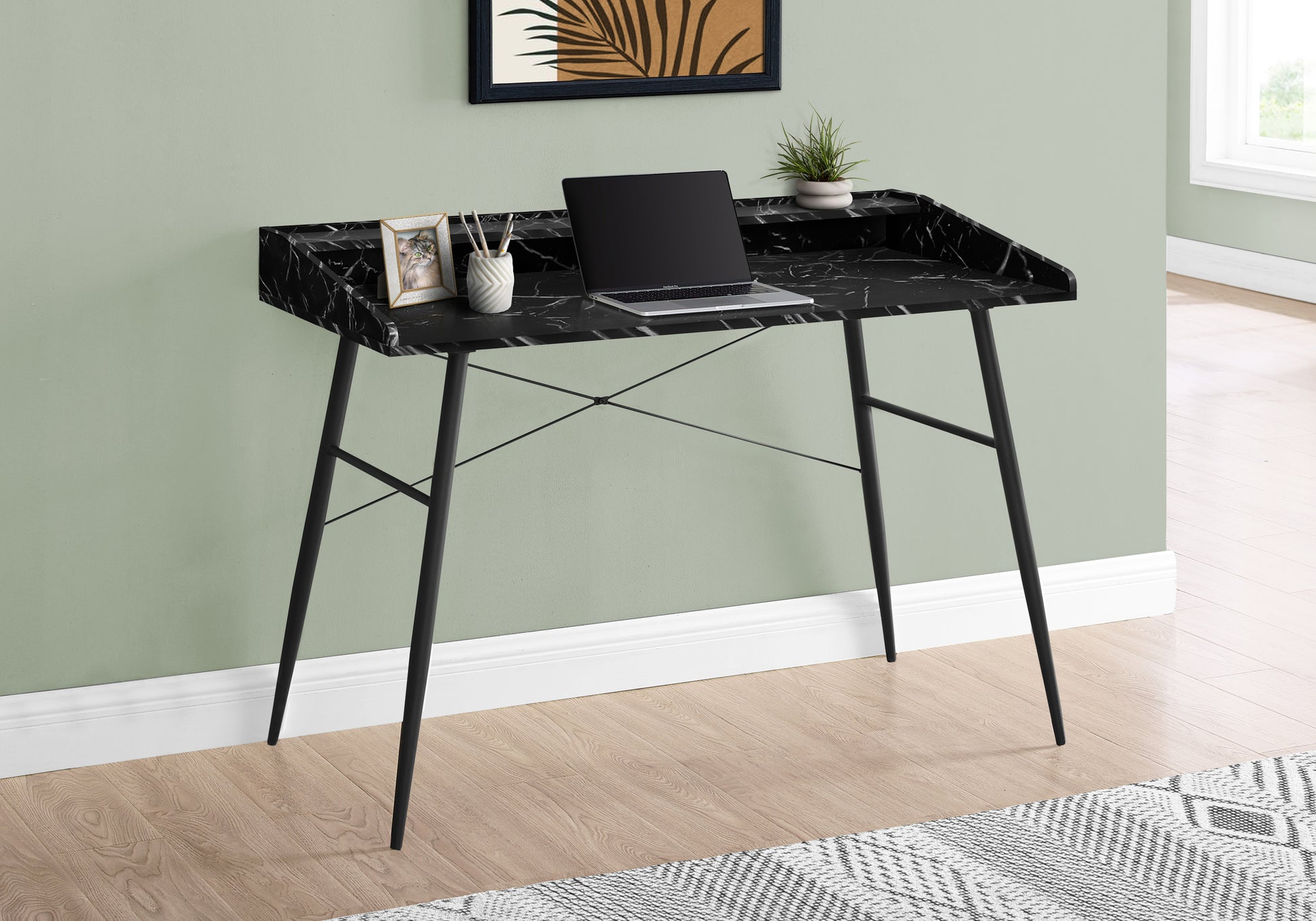 Computer Desk, Home Office, Laptop, Storage Shelves, 48"L, Work, Black Marble Look Laminate, Black Metal, Contemporary, Modern Black Particle Board